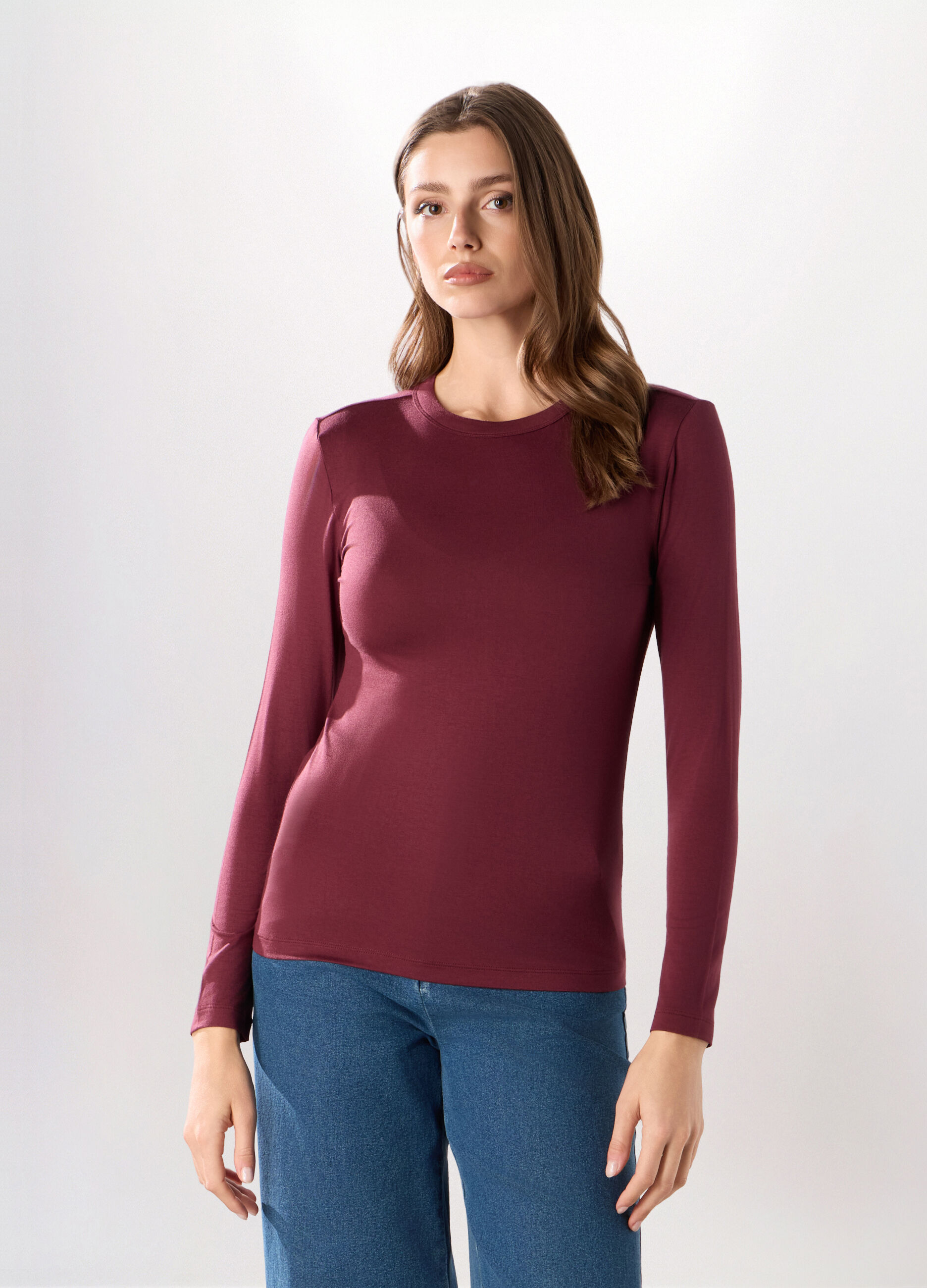 T-shirt a maniche lunghe tinta unita donna_0