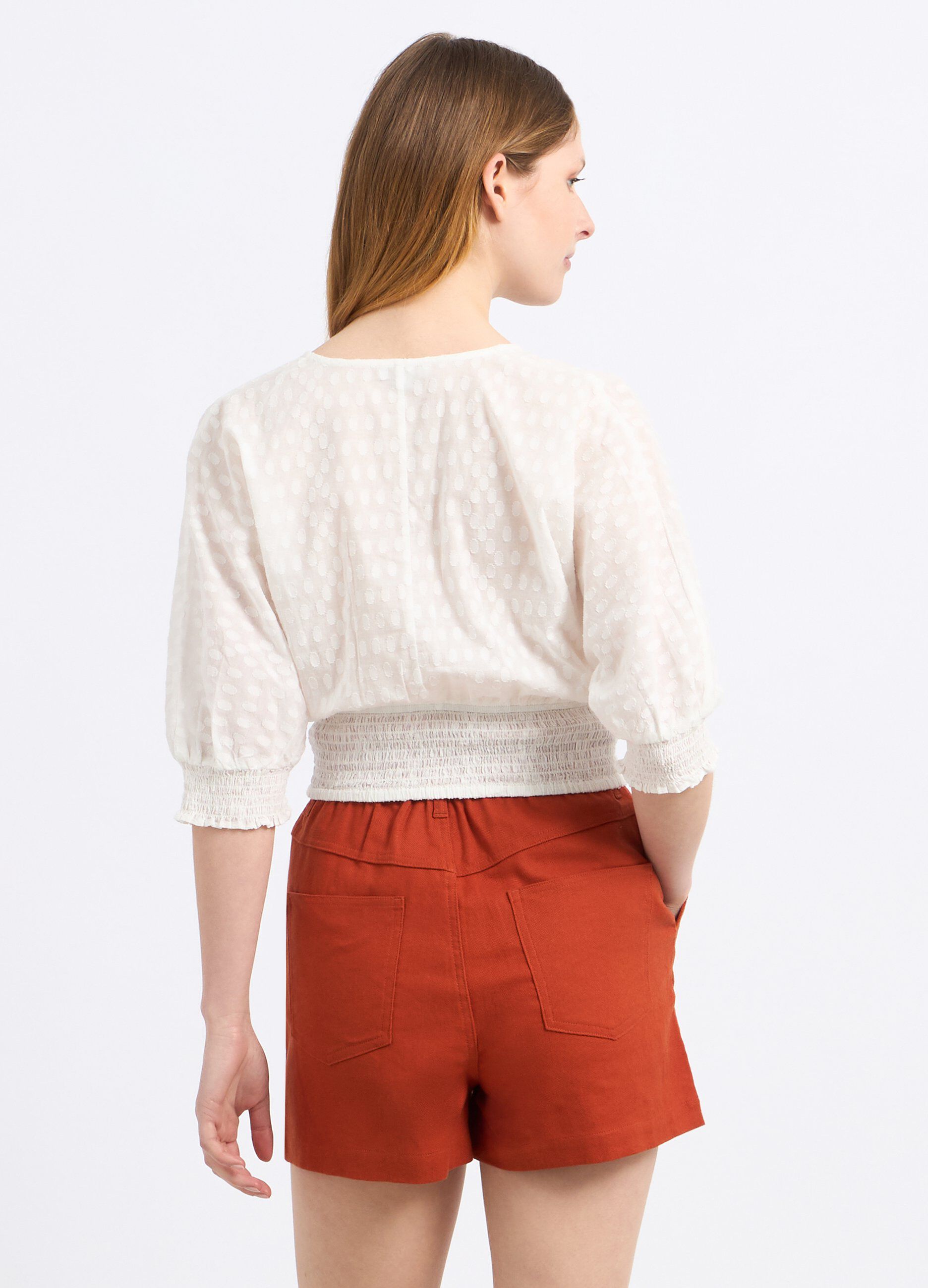Blusa cropped in puro cotone con lavorazione jacquard donna_1