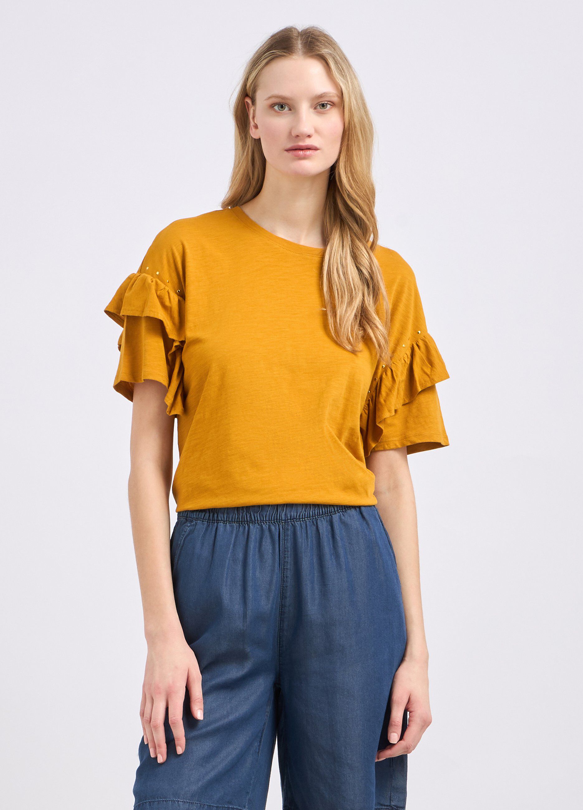 T-shirt in puro cotone con rouches e strass donna_0