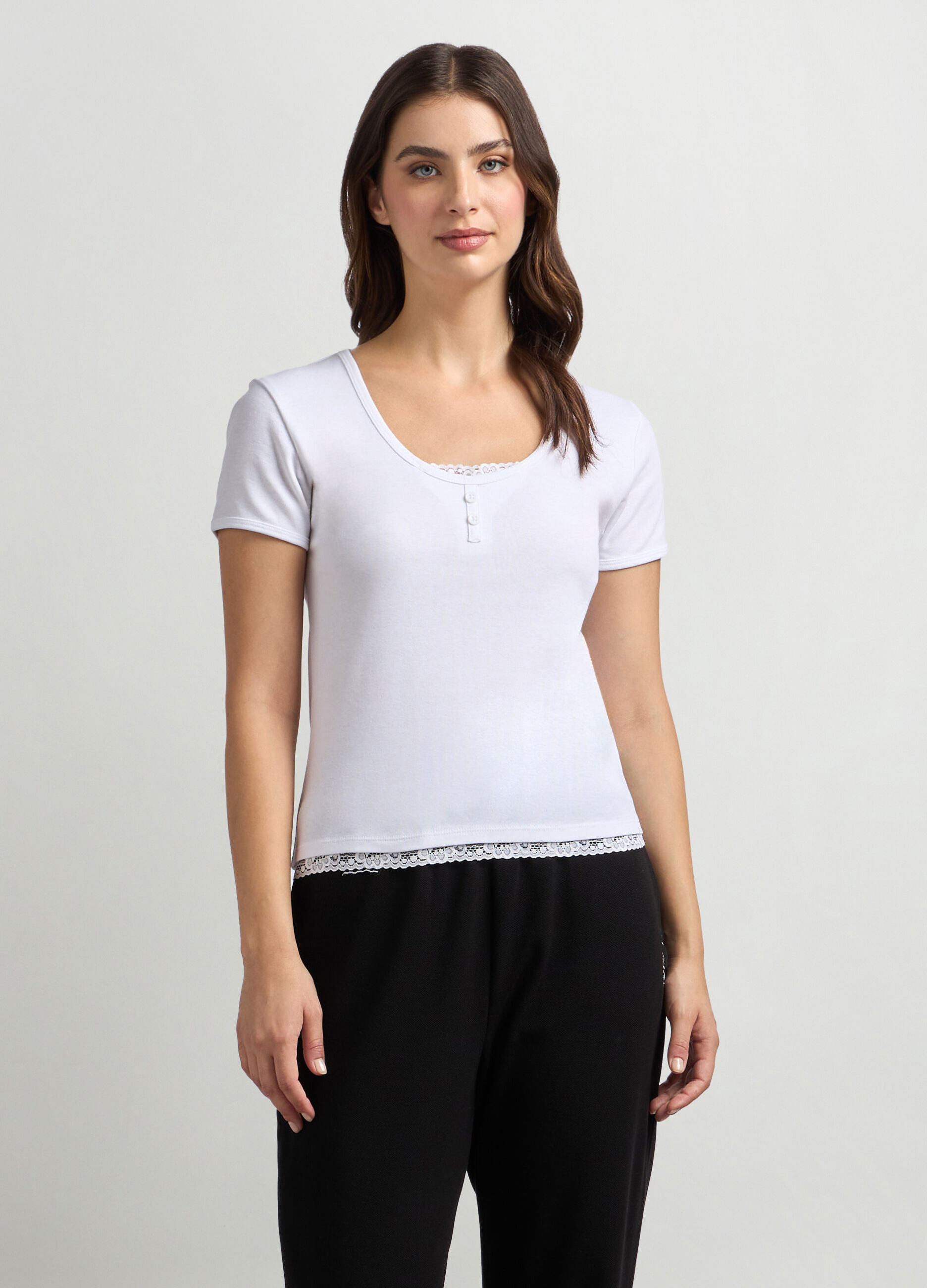 T-shirt in puro cotone con dettagli in pizzo donna_0