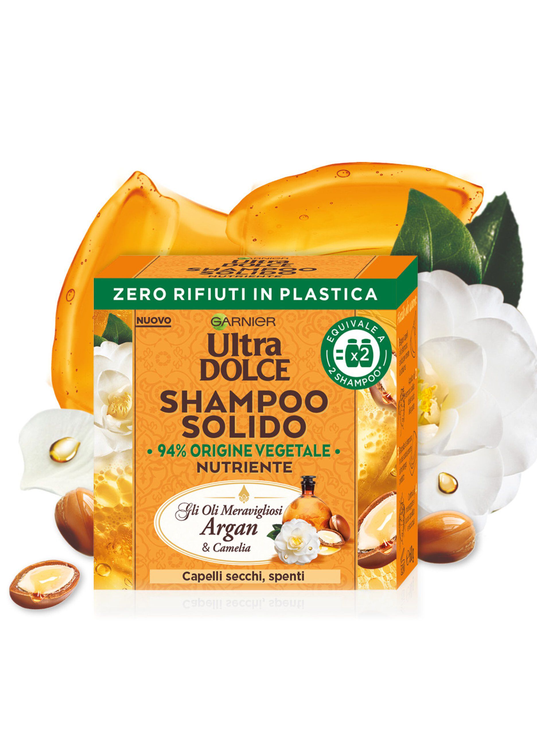 Garnier Ultra Dolce Shampoo Solido con Oli meravigliosi di Argan e Camelia, Per capelli secchi e spenti, Con packaging 100% ecologico plastic-free, 60 gr.