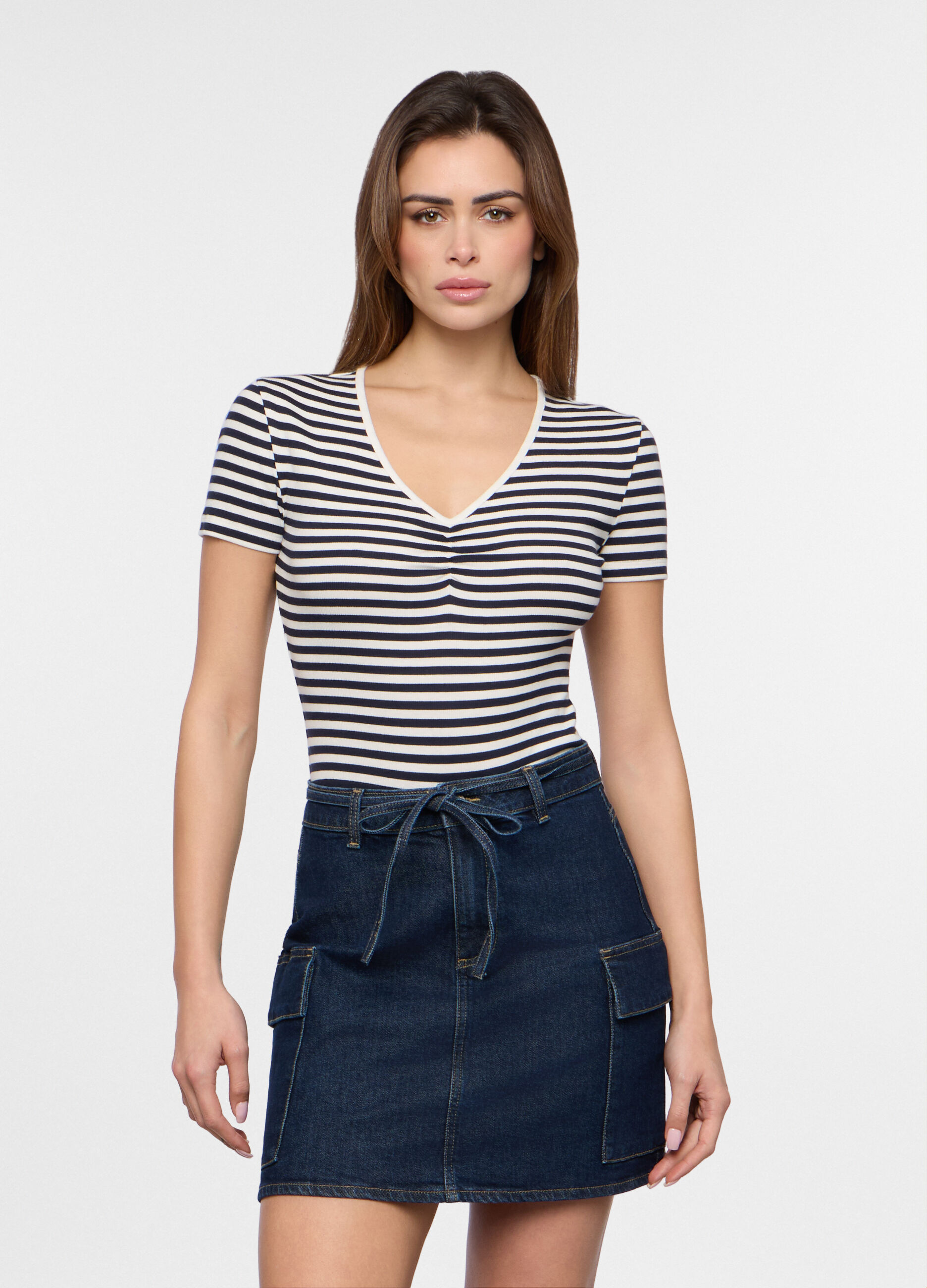 T-shirt in costina di cotone stretch donna_0