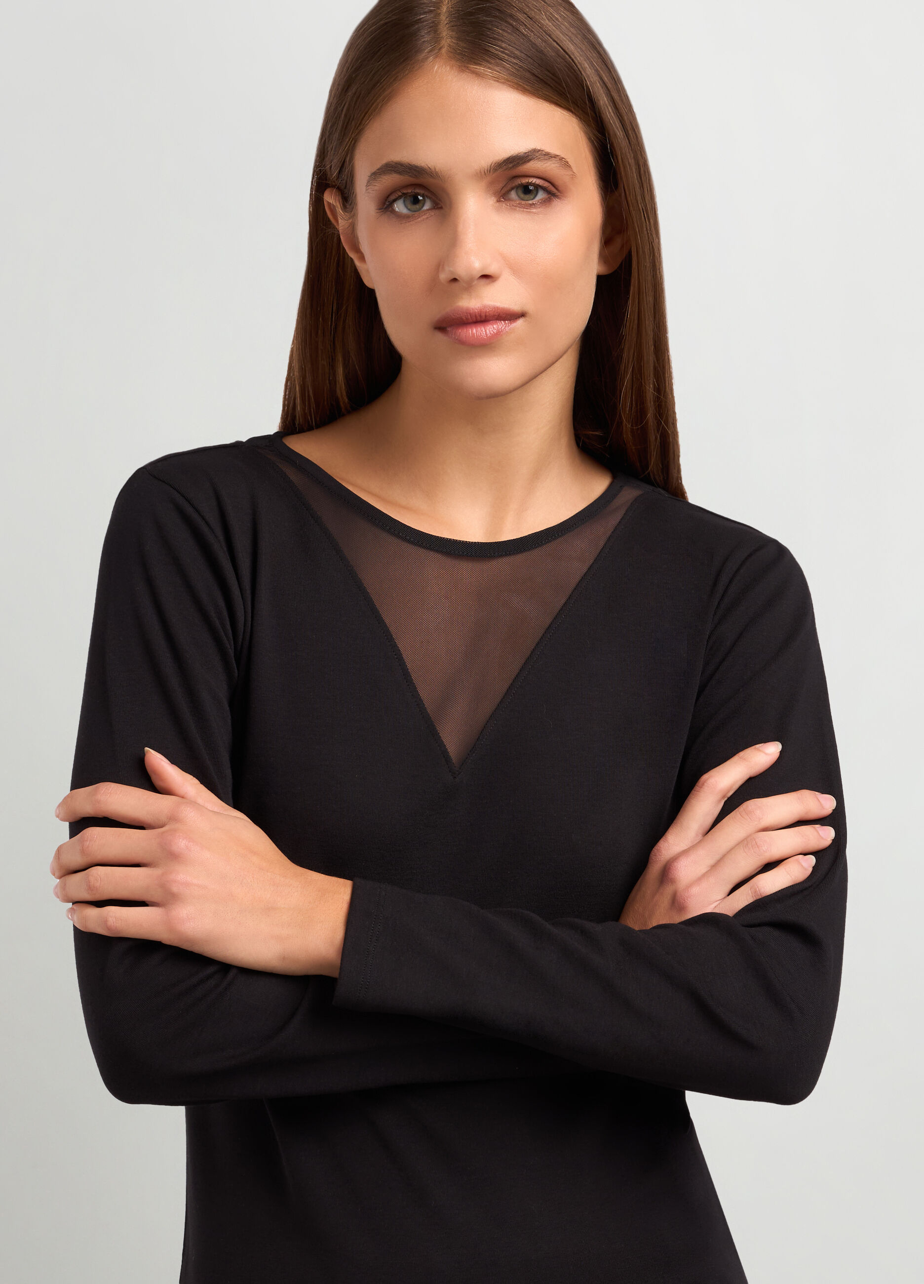 T-shirt a maniche lunghe con inserto in mesh donna_2
