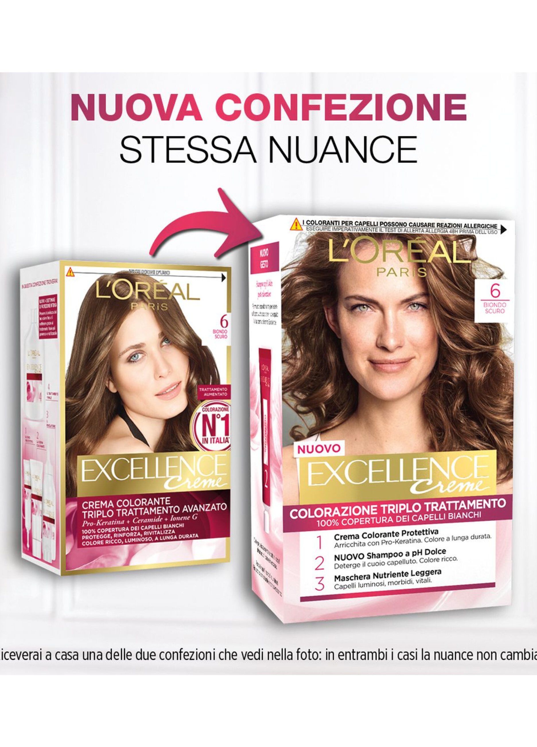 L'Oréal Paris Tinta Capelli Excellence, Copre i capelli bianchi, colore ricco, luminoso e a lunga durata, 6 Biondo Scuro.