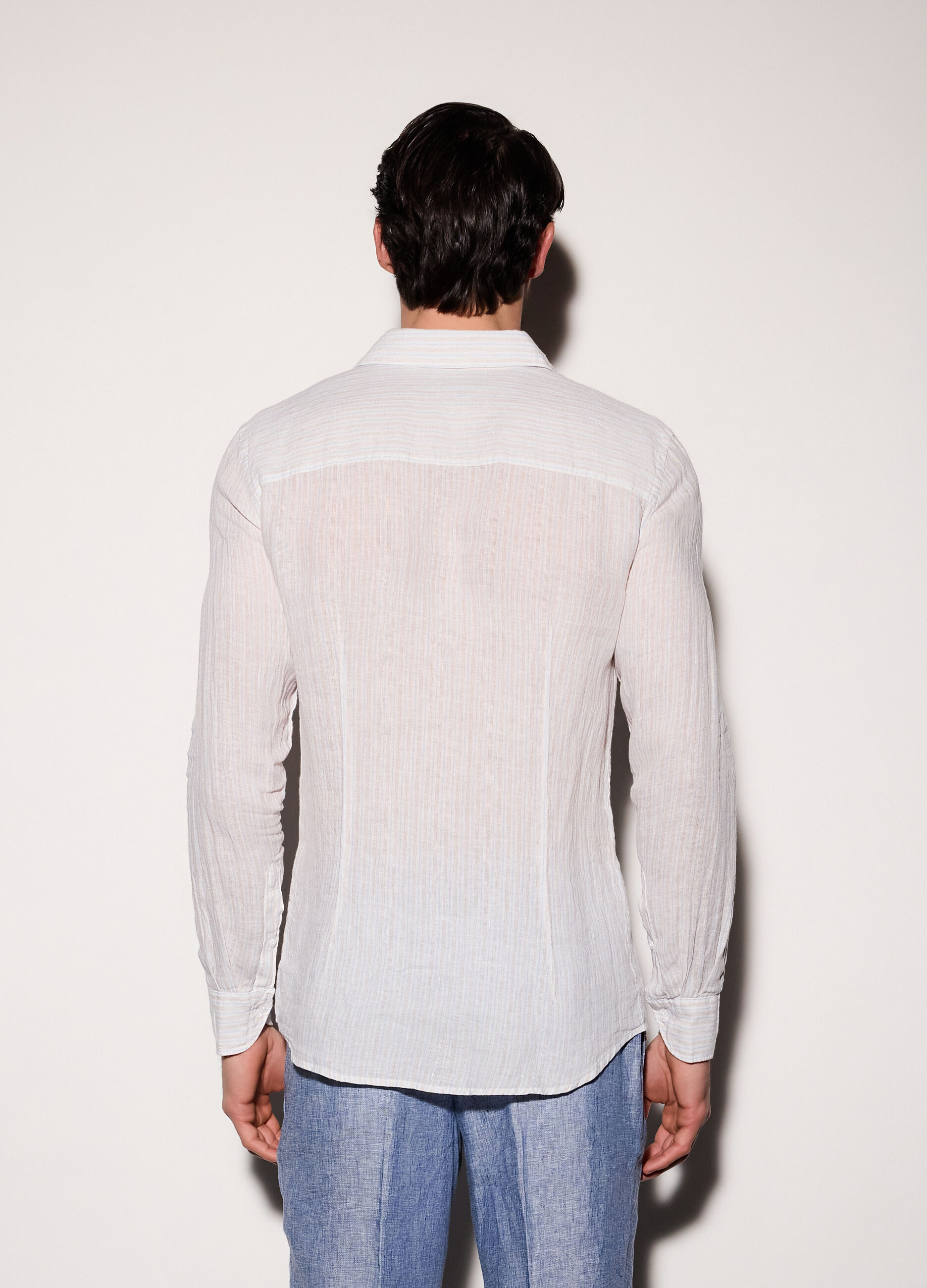 Camicia slim fit in lino a righe uomo_1