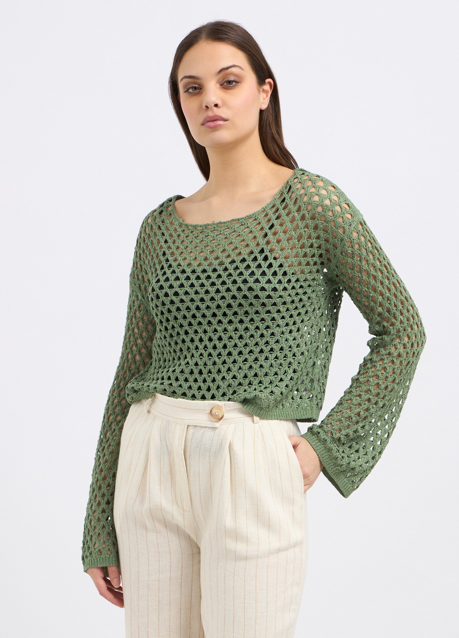 T-shirt con lavorazione in maglia traforata donna_0
