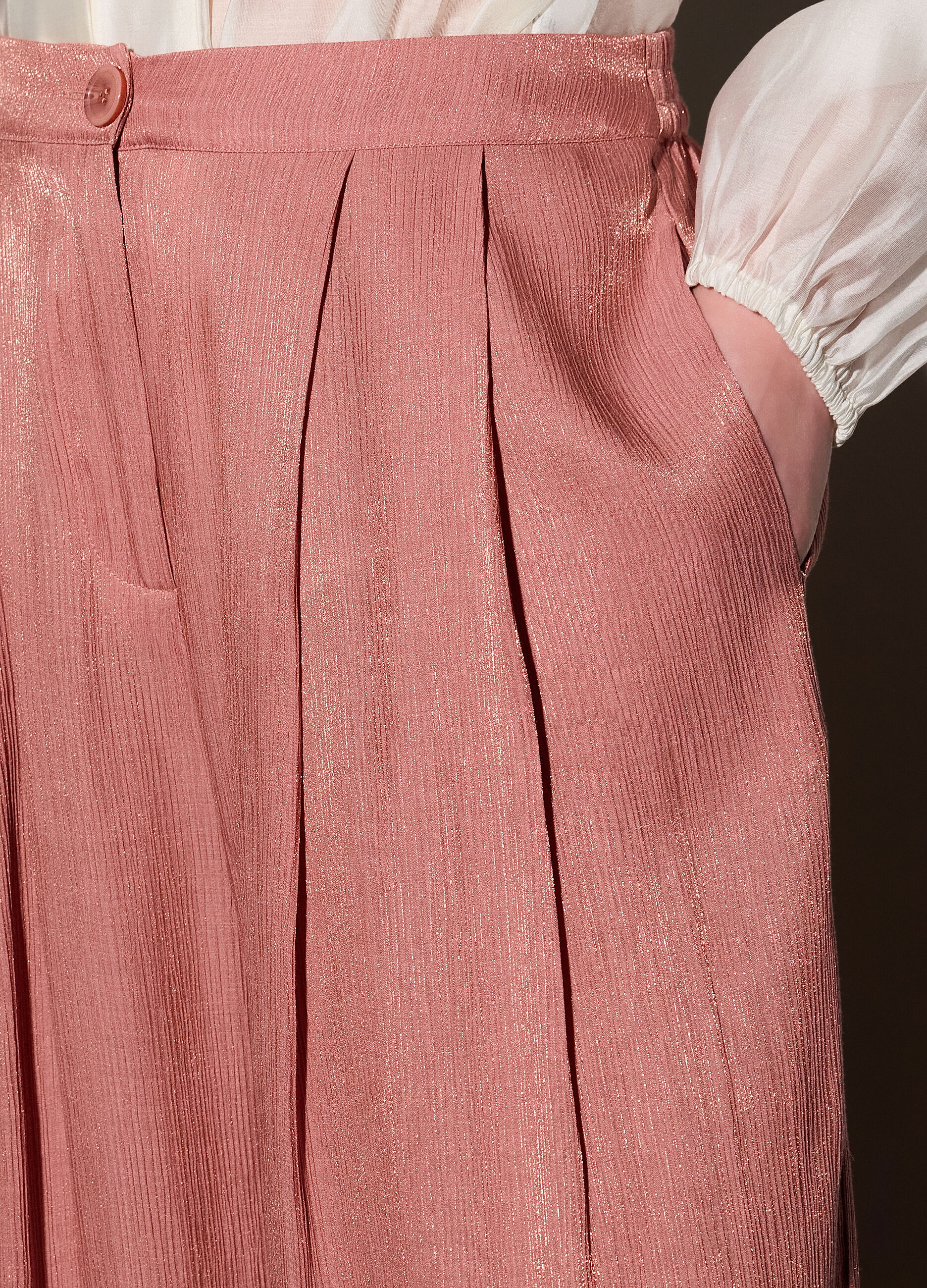 Pantaloni wide leg in raso pliss&eacute; donna_3