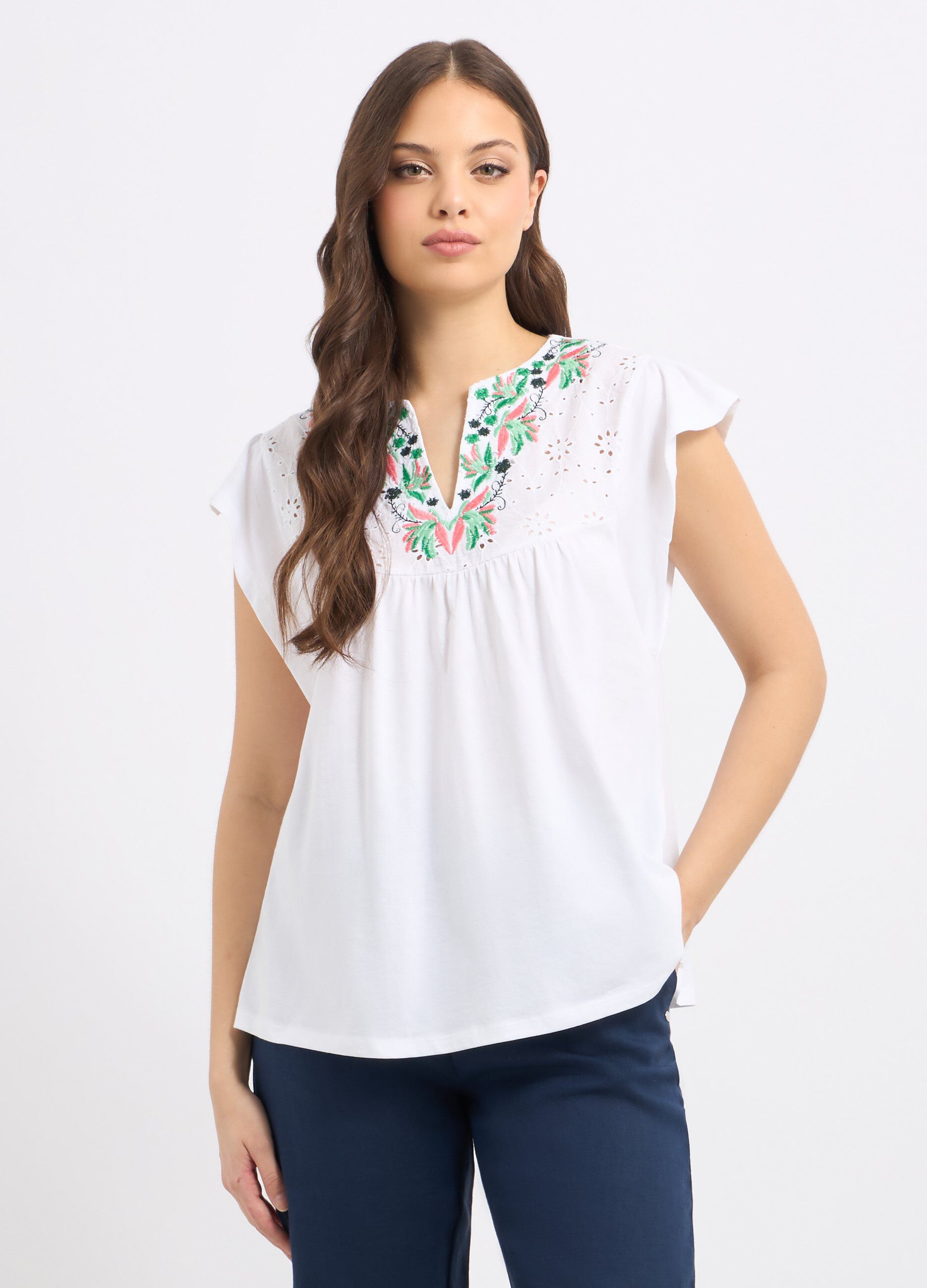 T-shirt in puro cotone con inserto in sangallo donna_0
