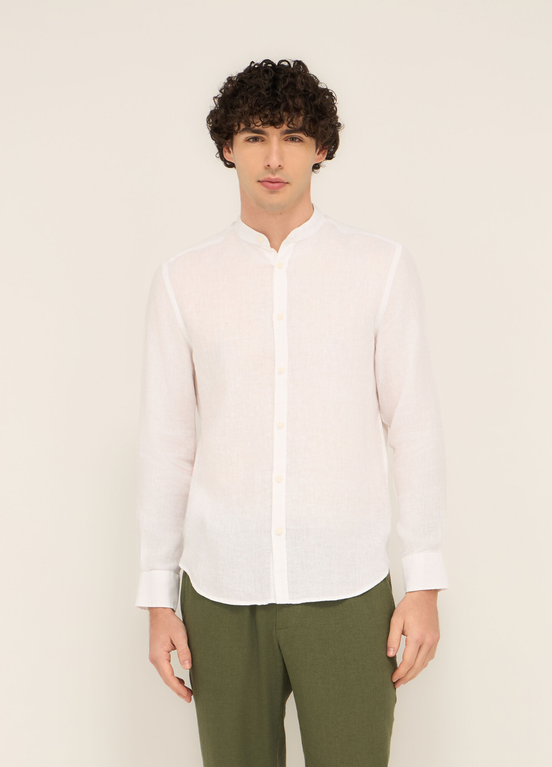 Camicia colletto coreano in puro lino uomo_0