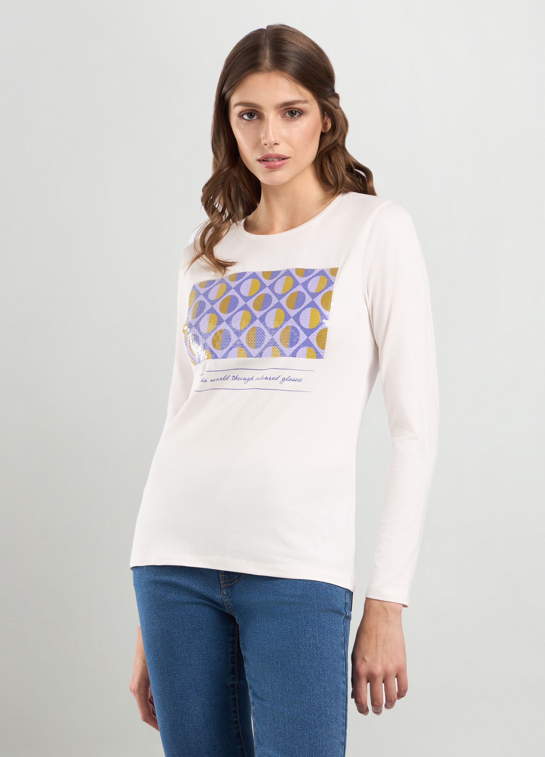 T-shirt in jersey di cotone stretch con paillettes donna_0