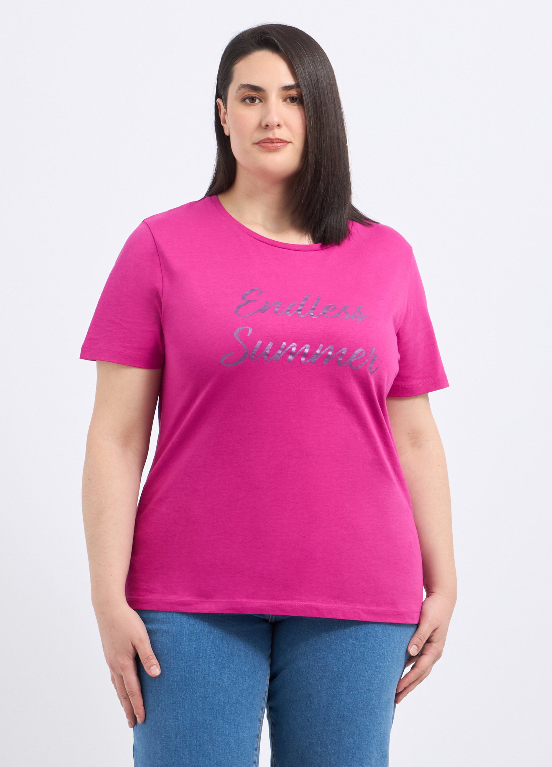 T-shirt in puro cotone con stampa foil donna curvy_0