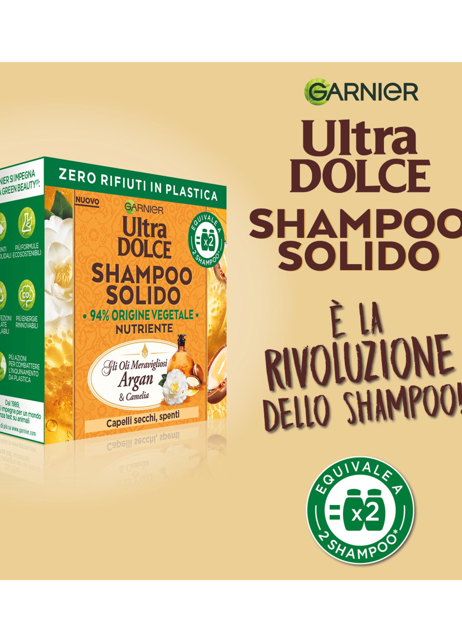 Garnier Ultra Dolce Shampoo Solido con Oli meravigliosi di Argan e Camelia, Per capelli secchi e spenti, Con packaging 100% ecologico plastic-free, 60 gr.