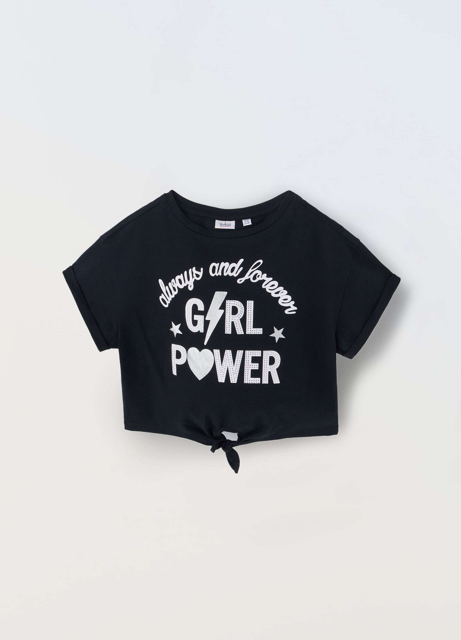 T-shirt in puro cotone con strass e nodo ragazza_0