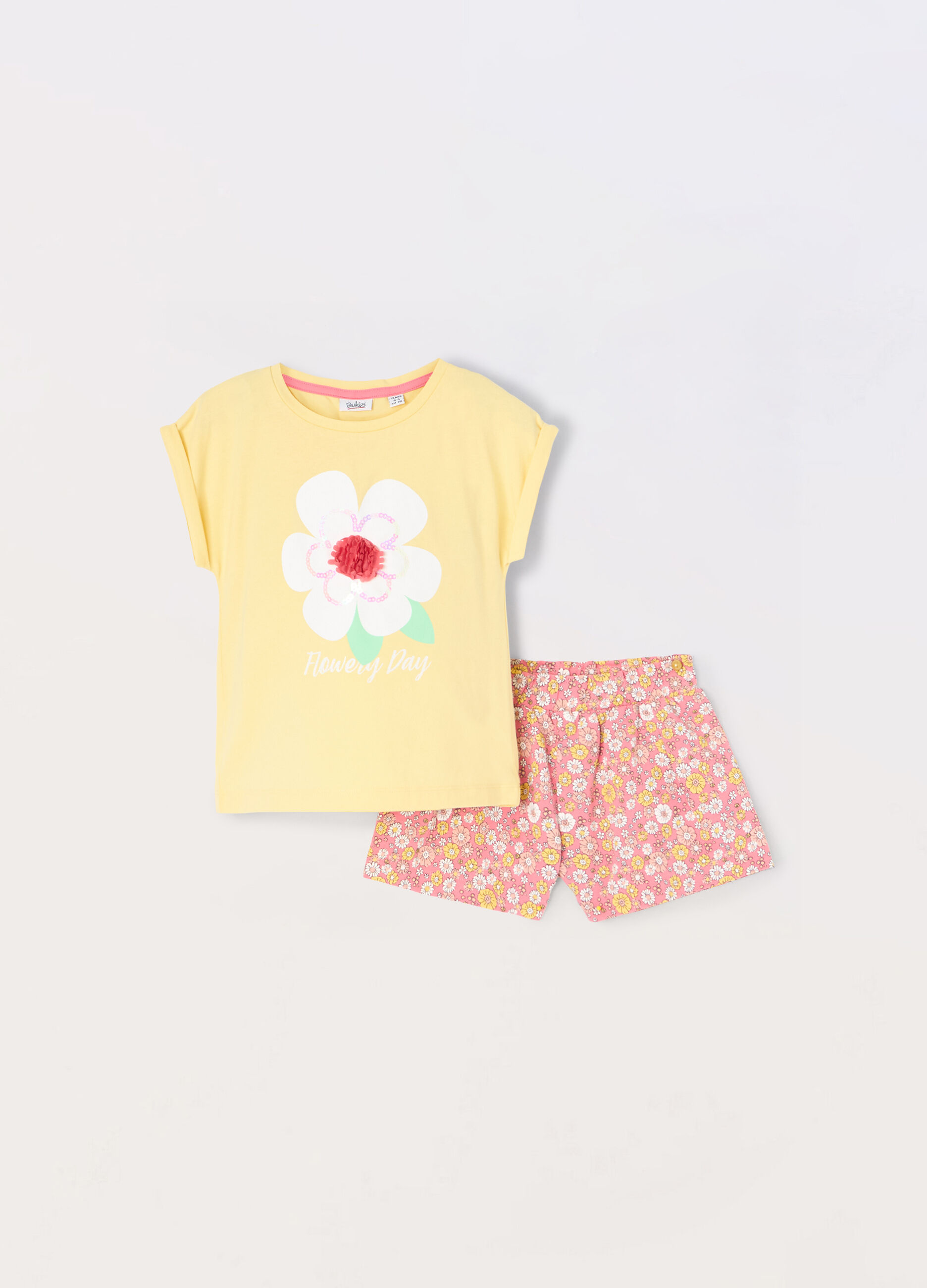 Jogging set corto in cotone stretch con paillettes bambina_0