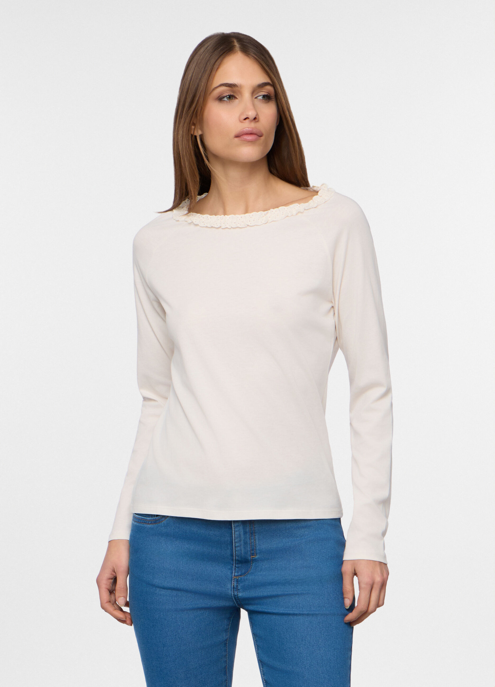 T-shirt con scollo rotondo lavorato donna_0