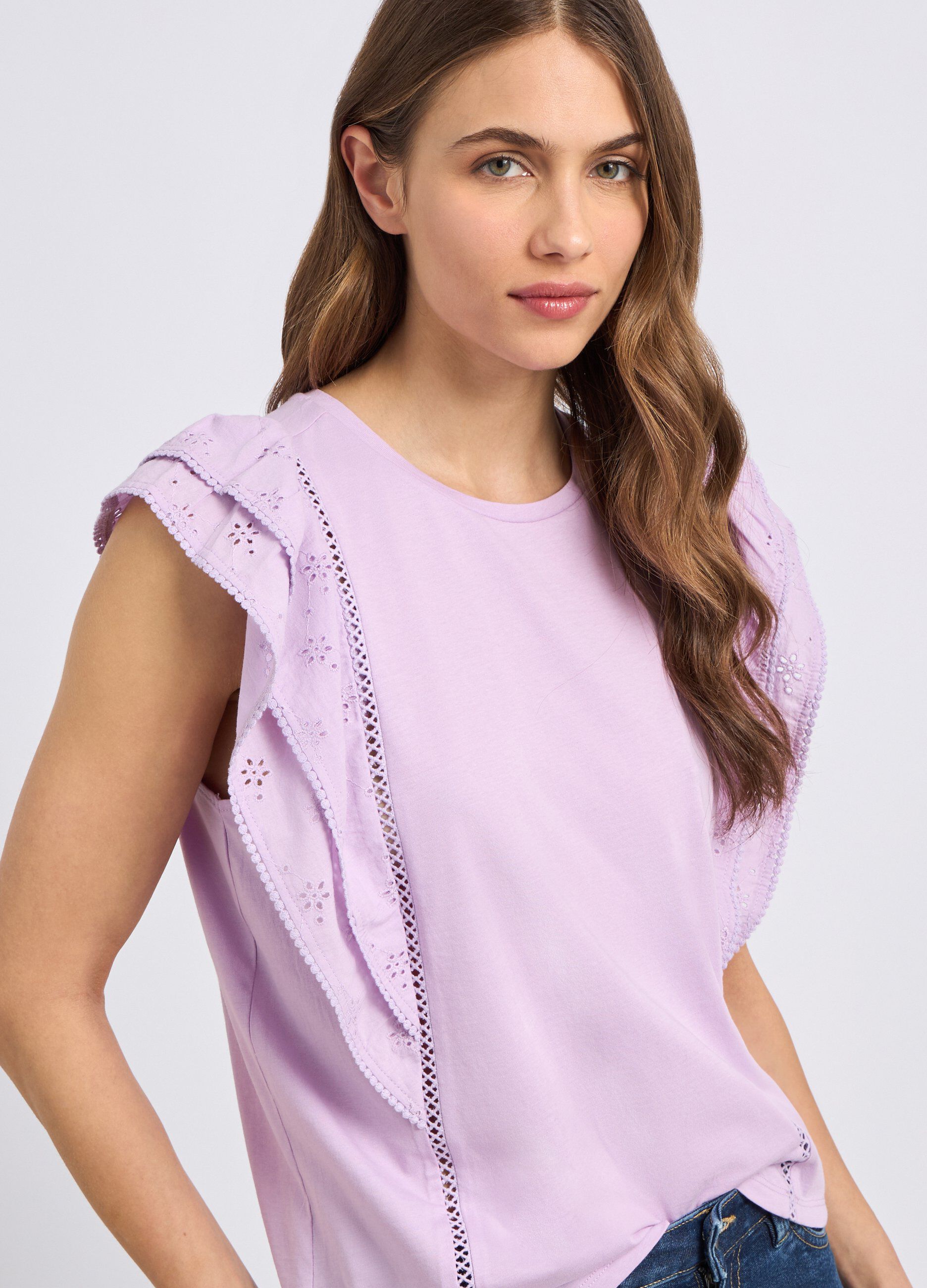 T-shirt in puro cotone con inserti in sangallo donna_2