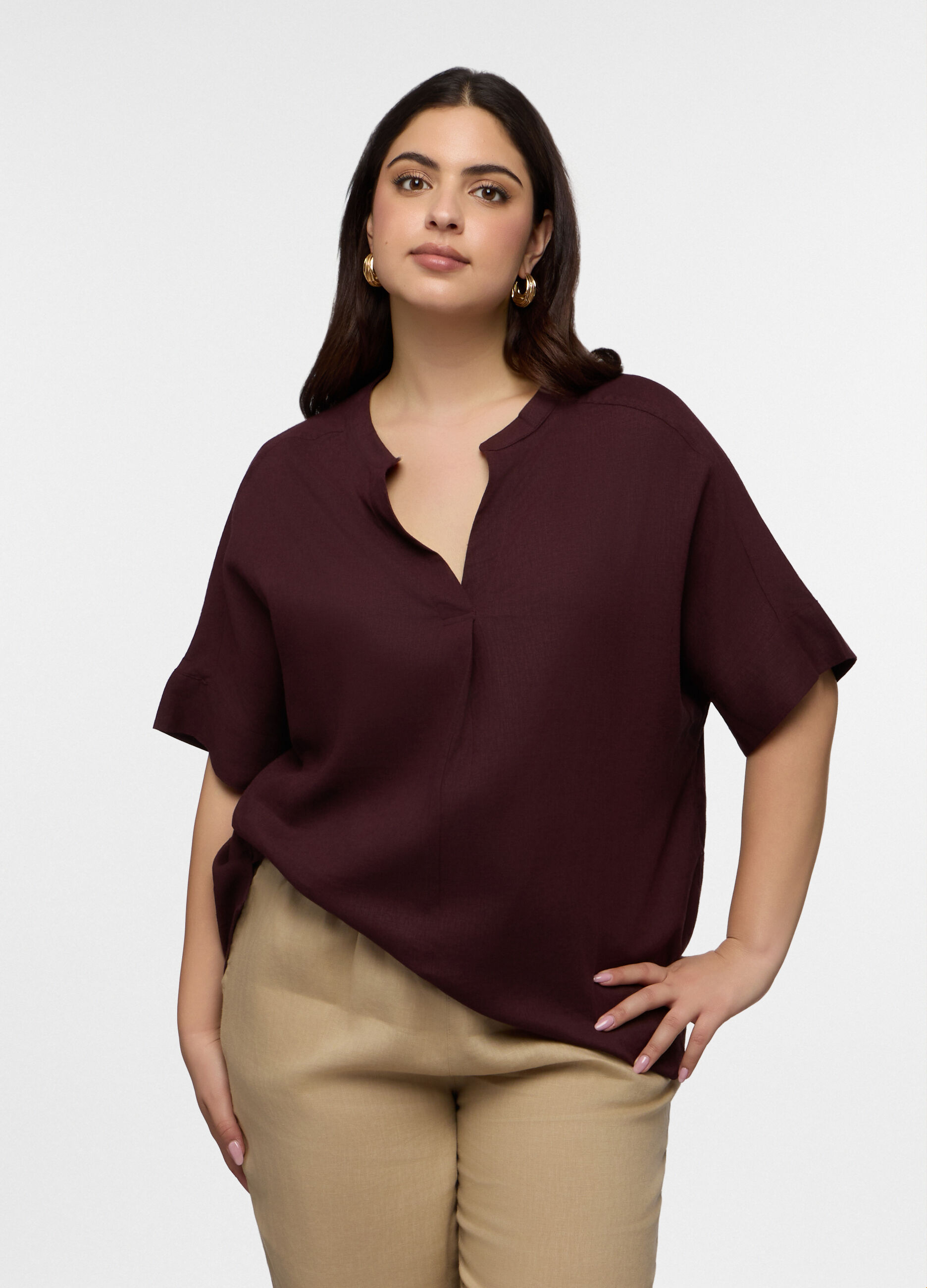 Blusa Fit Regular con scollo a V misto lino donna curvy_0
