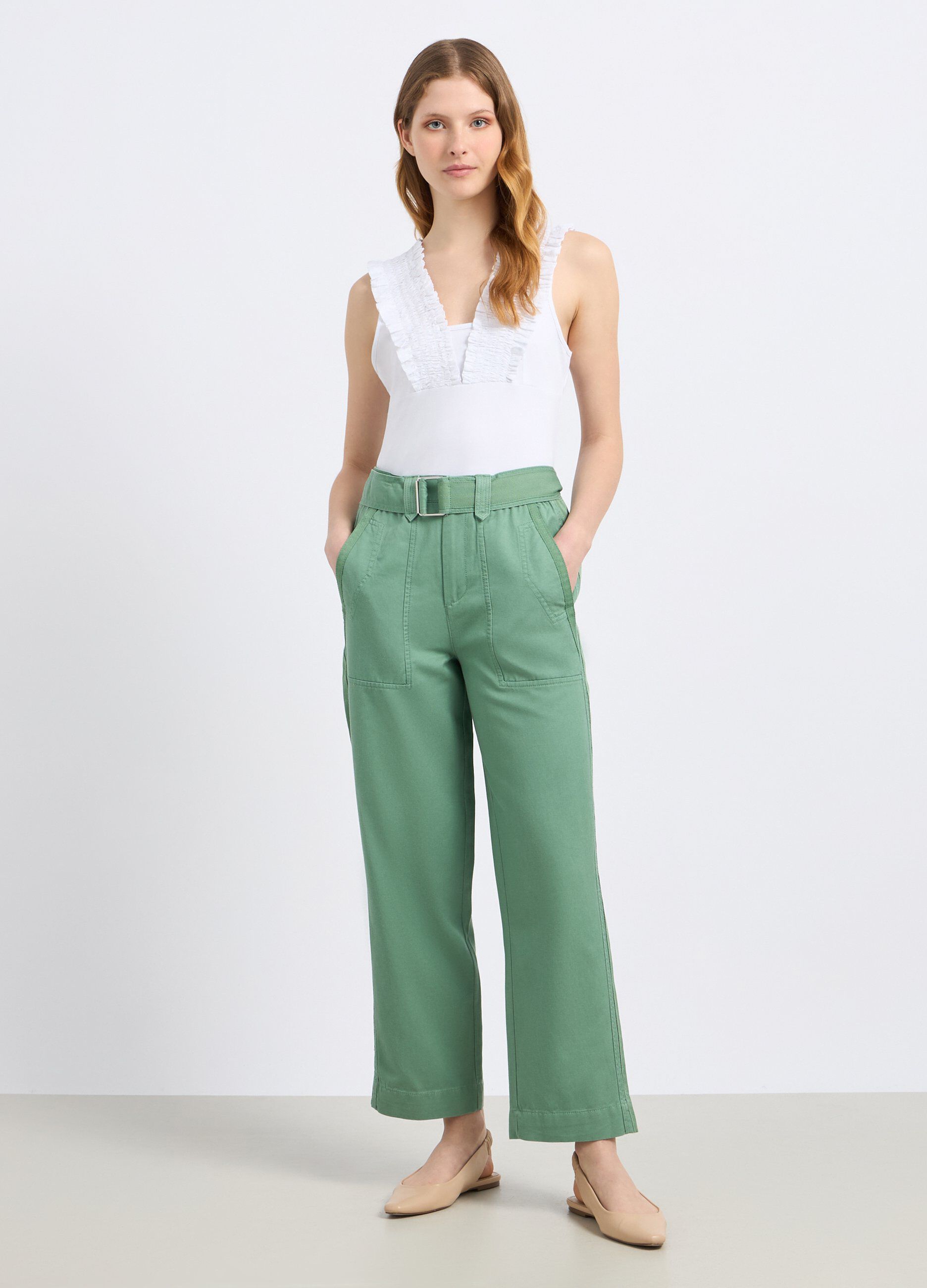 Pantaloni in misto cotone con cintura donna_0