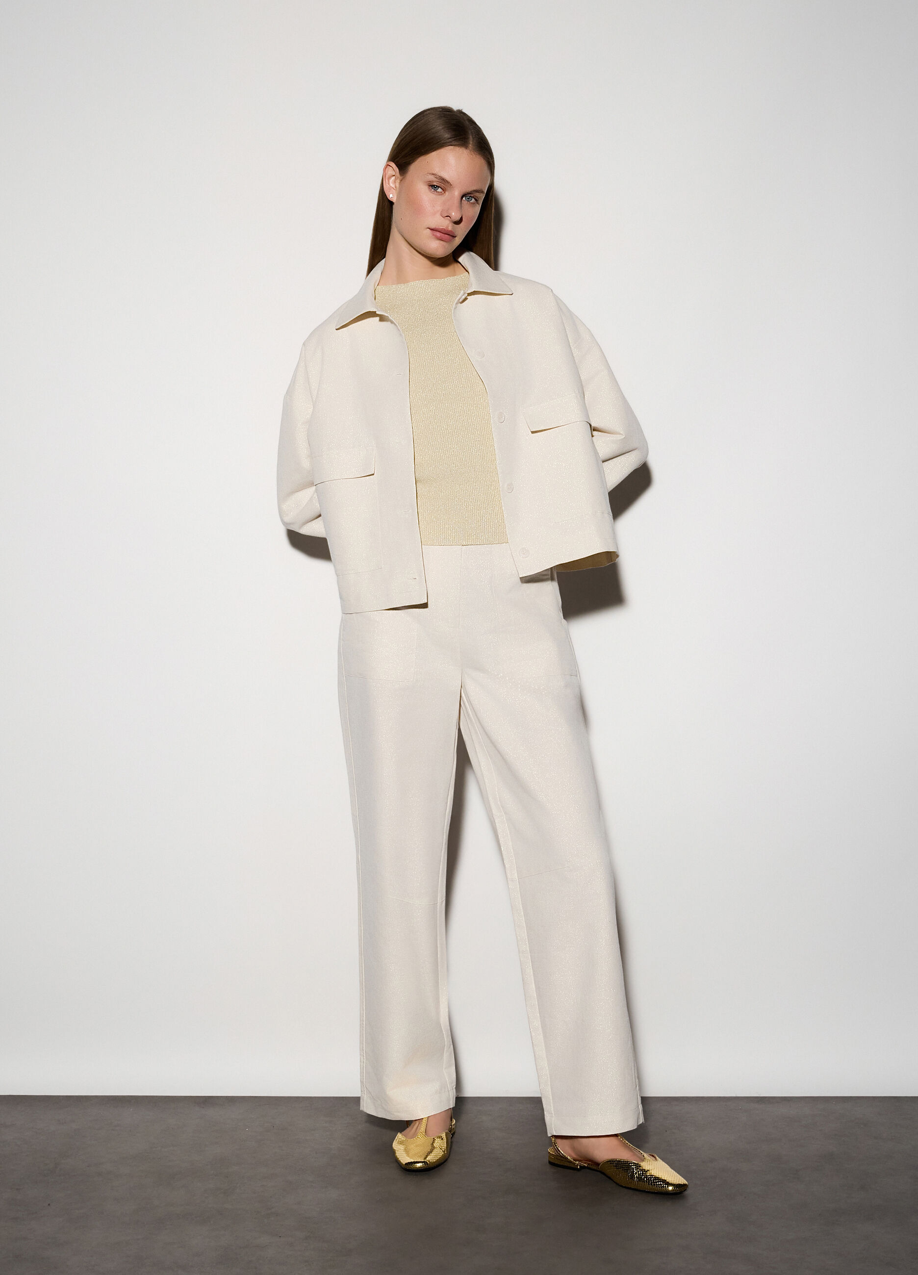 Pantaloni straight fit misto lino donna_0