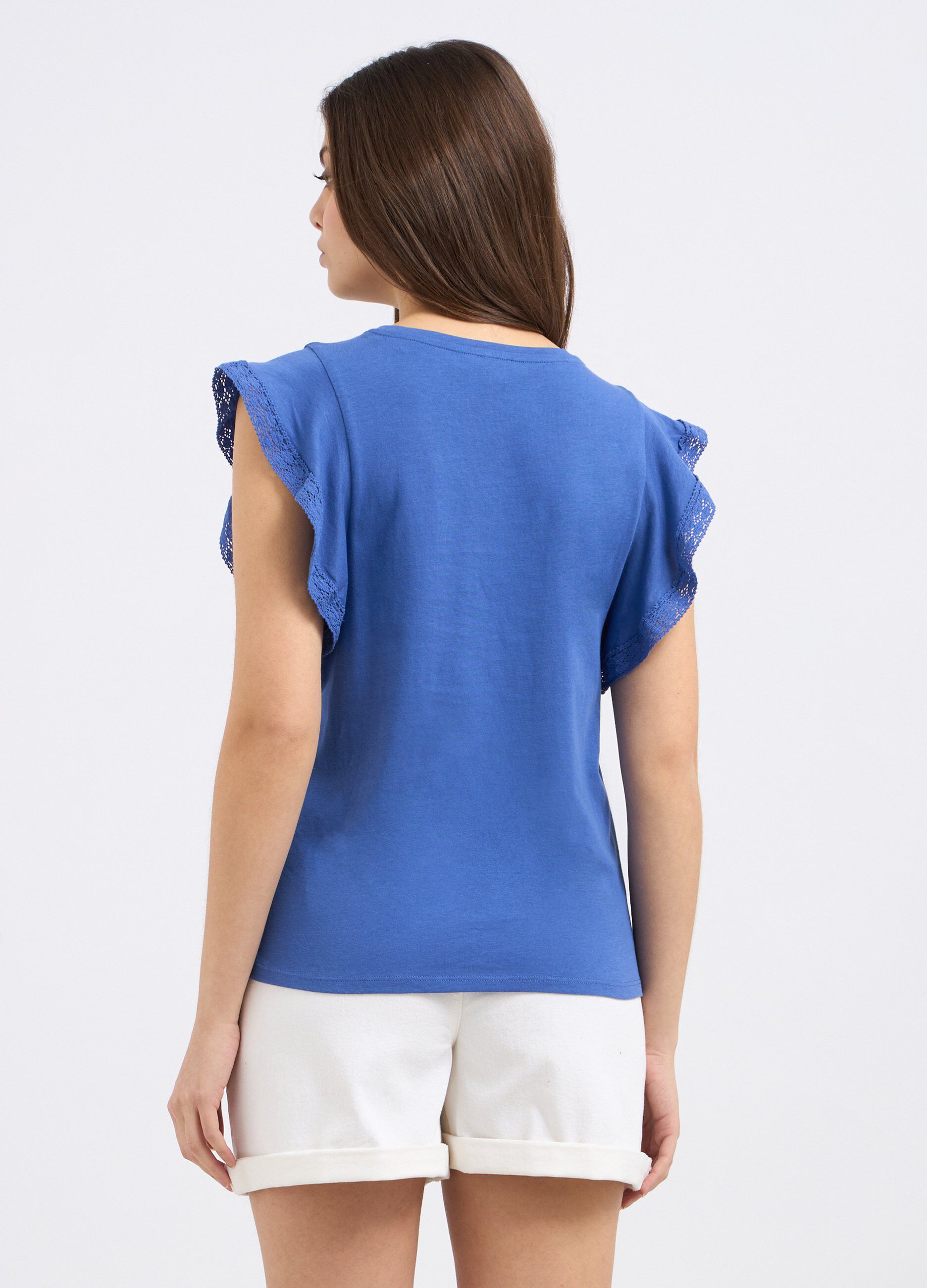 T-shirt in puro cotone con maniche ad aletta e pizzo donna_1