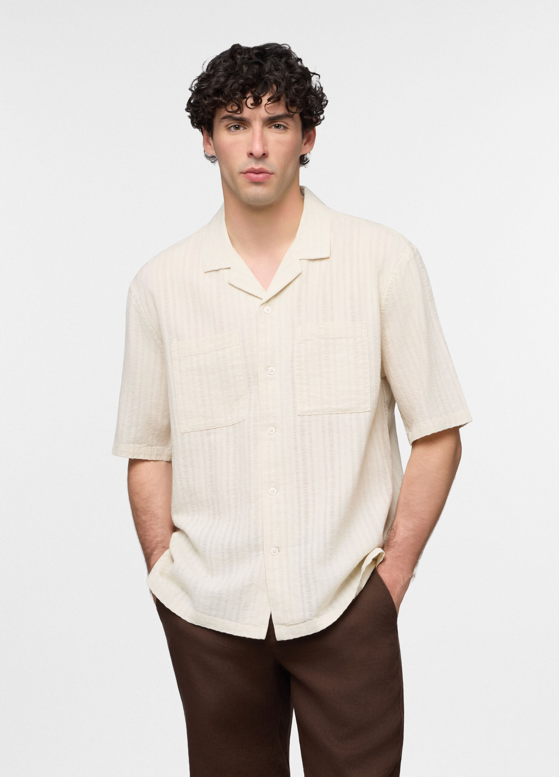 Camicia bowling a maniche corte in cotone e lino uomo_0