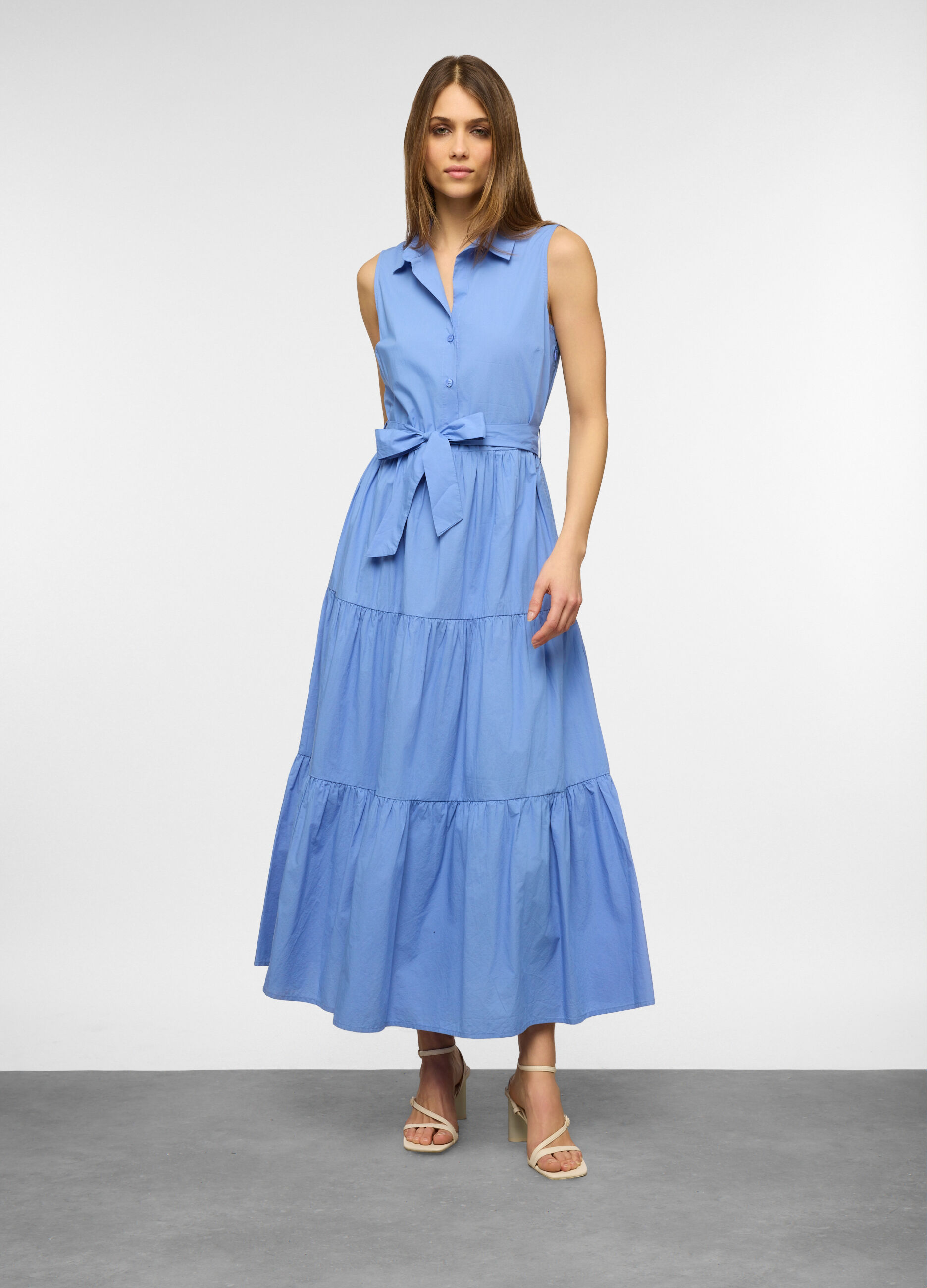 Vestito lungo a balze in popeline di puro cotone donna_0