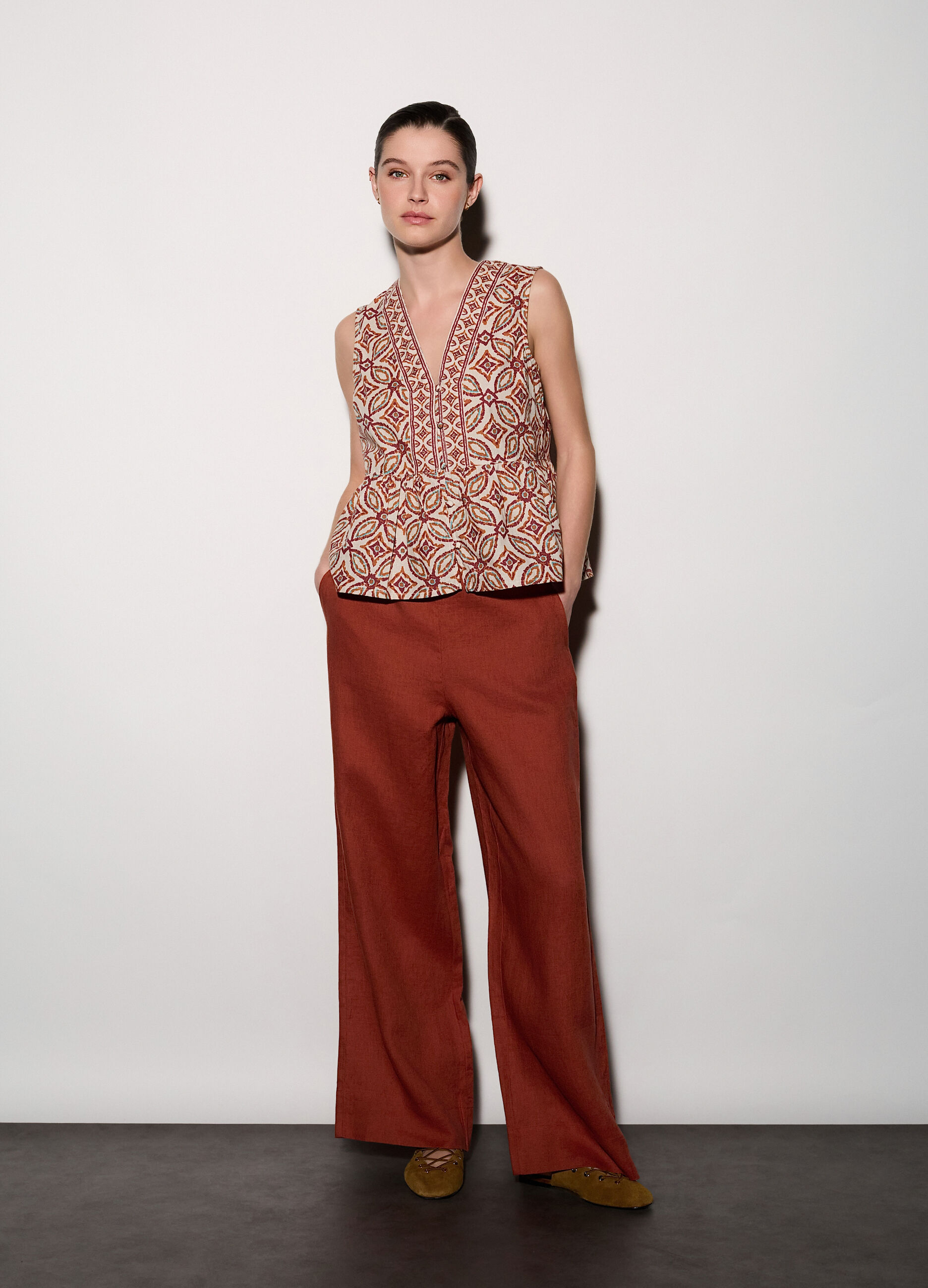 Pantaloni wide leg in puro lino donna_0