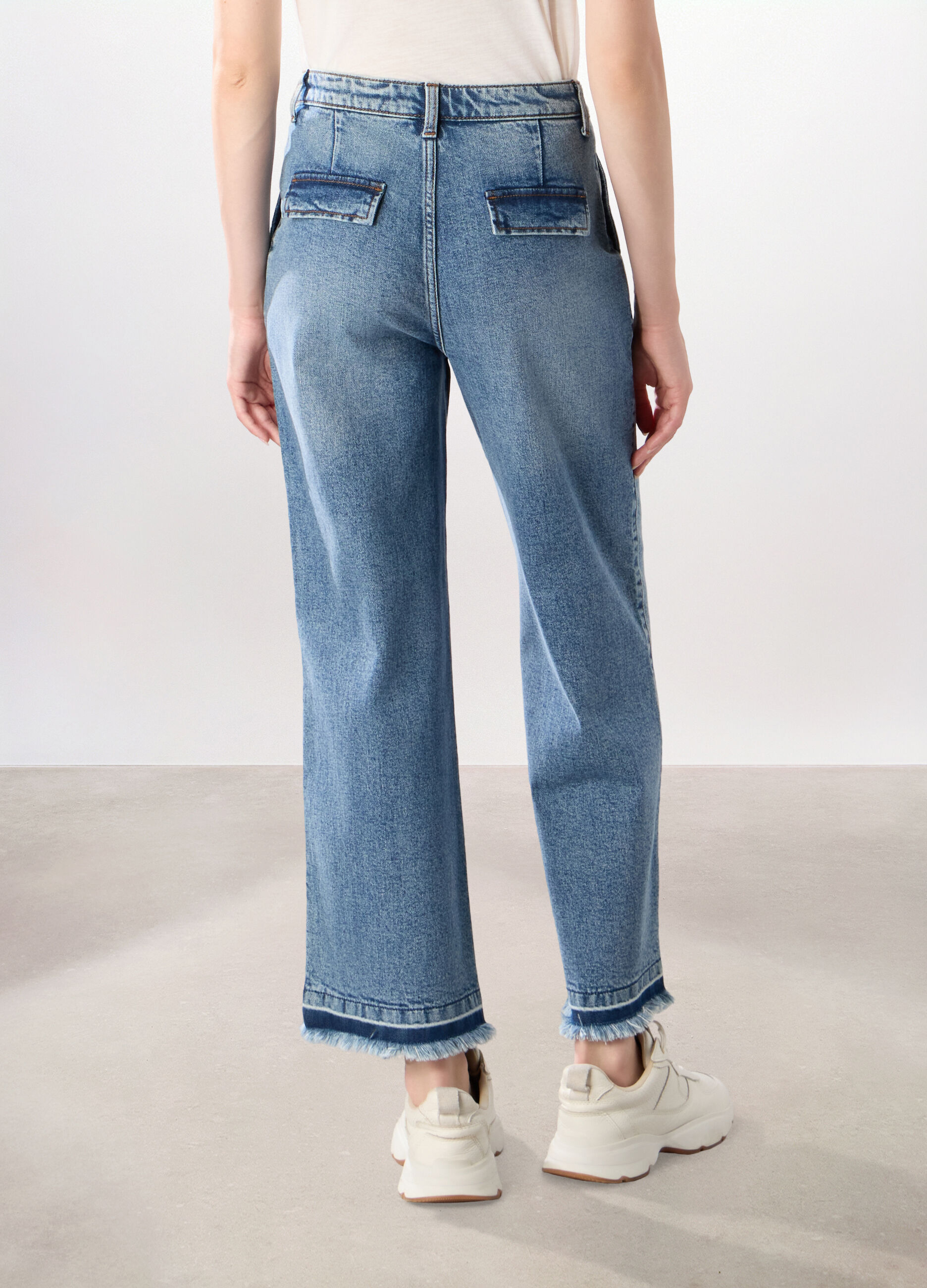 Pantaloni wide leg in denim di puro cotone donna_1