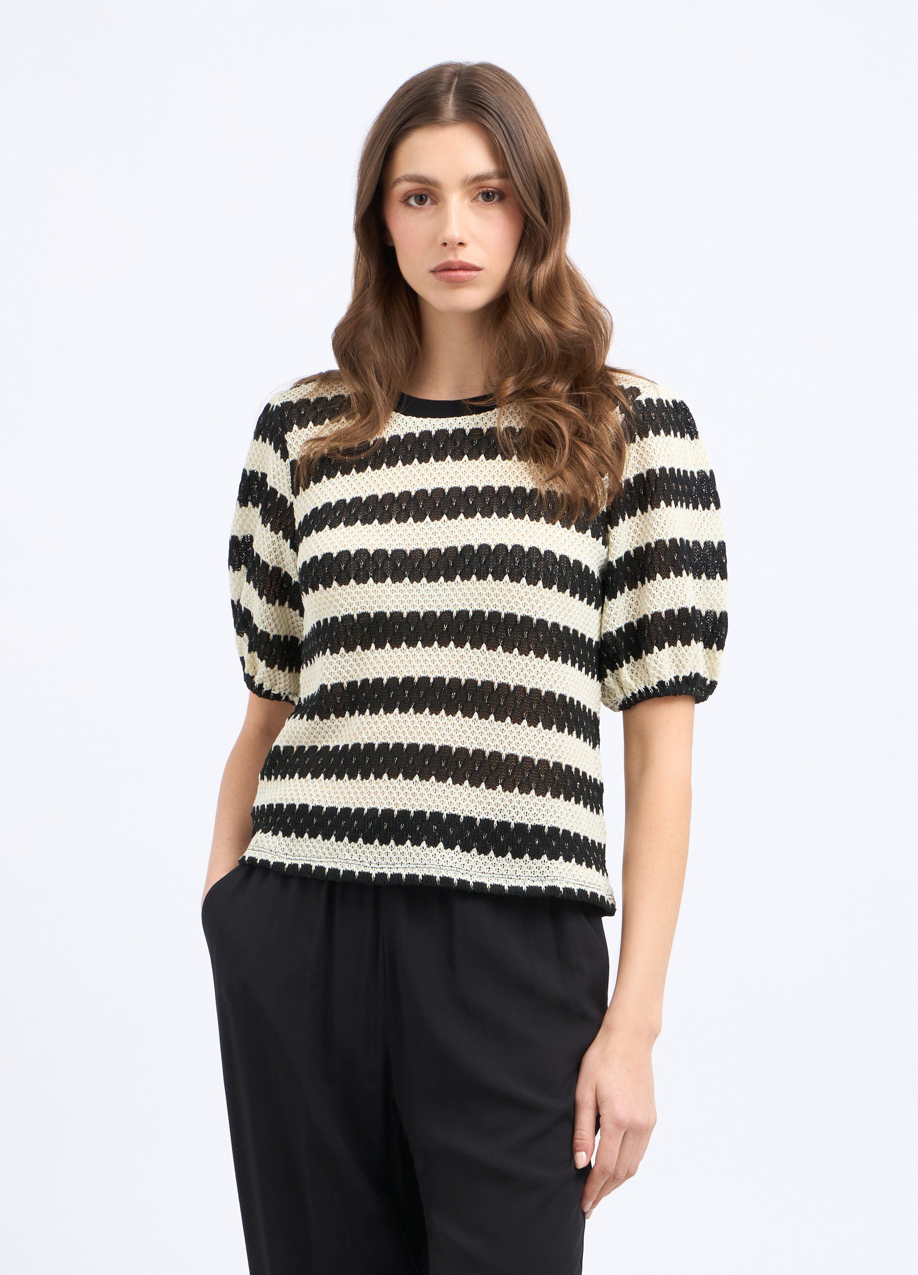 T-shirt rigata con lavorazione tricot donna_0