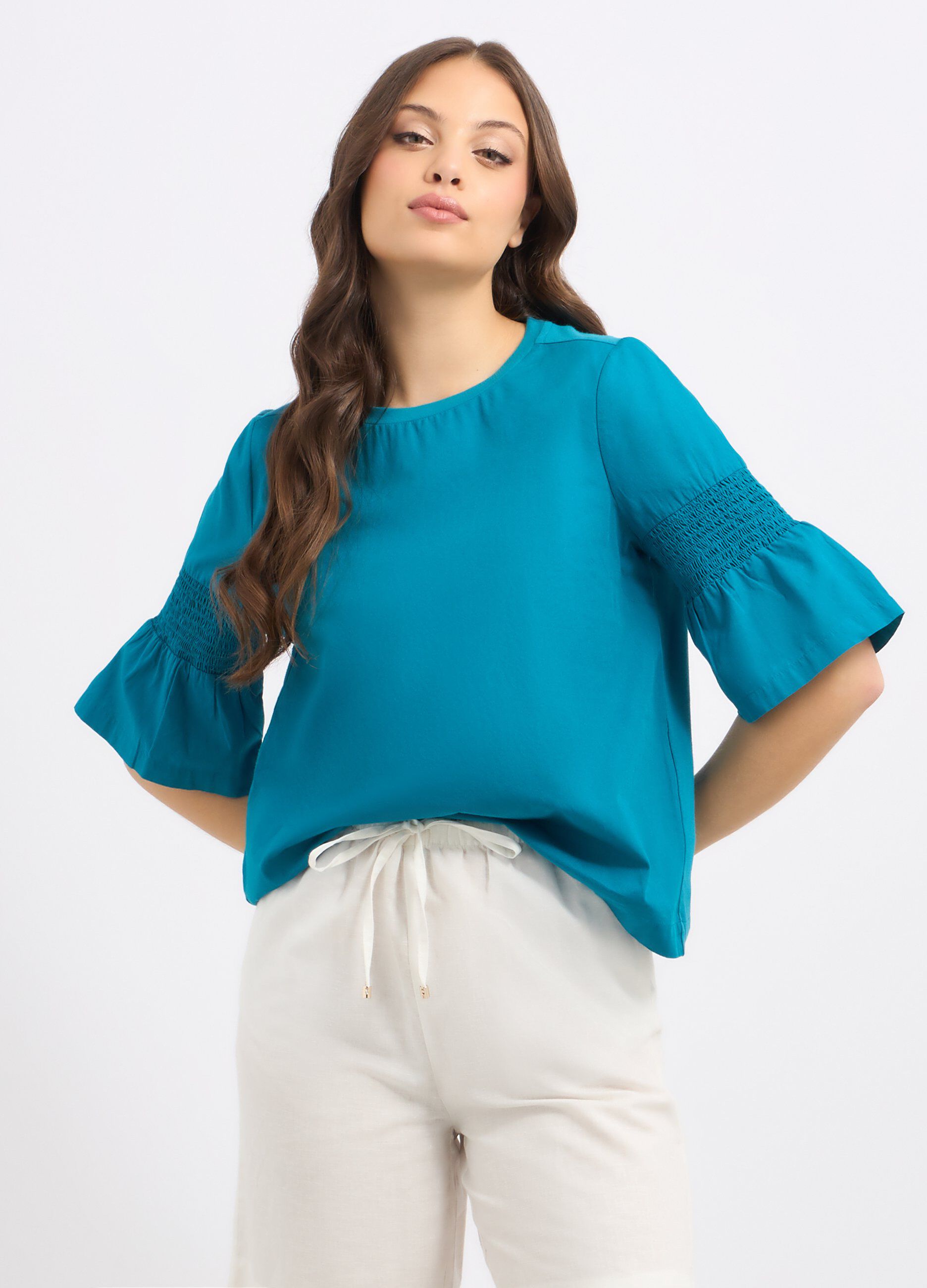 T-shirt in cotone stretch con maniche svasate donna_0