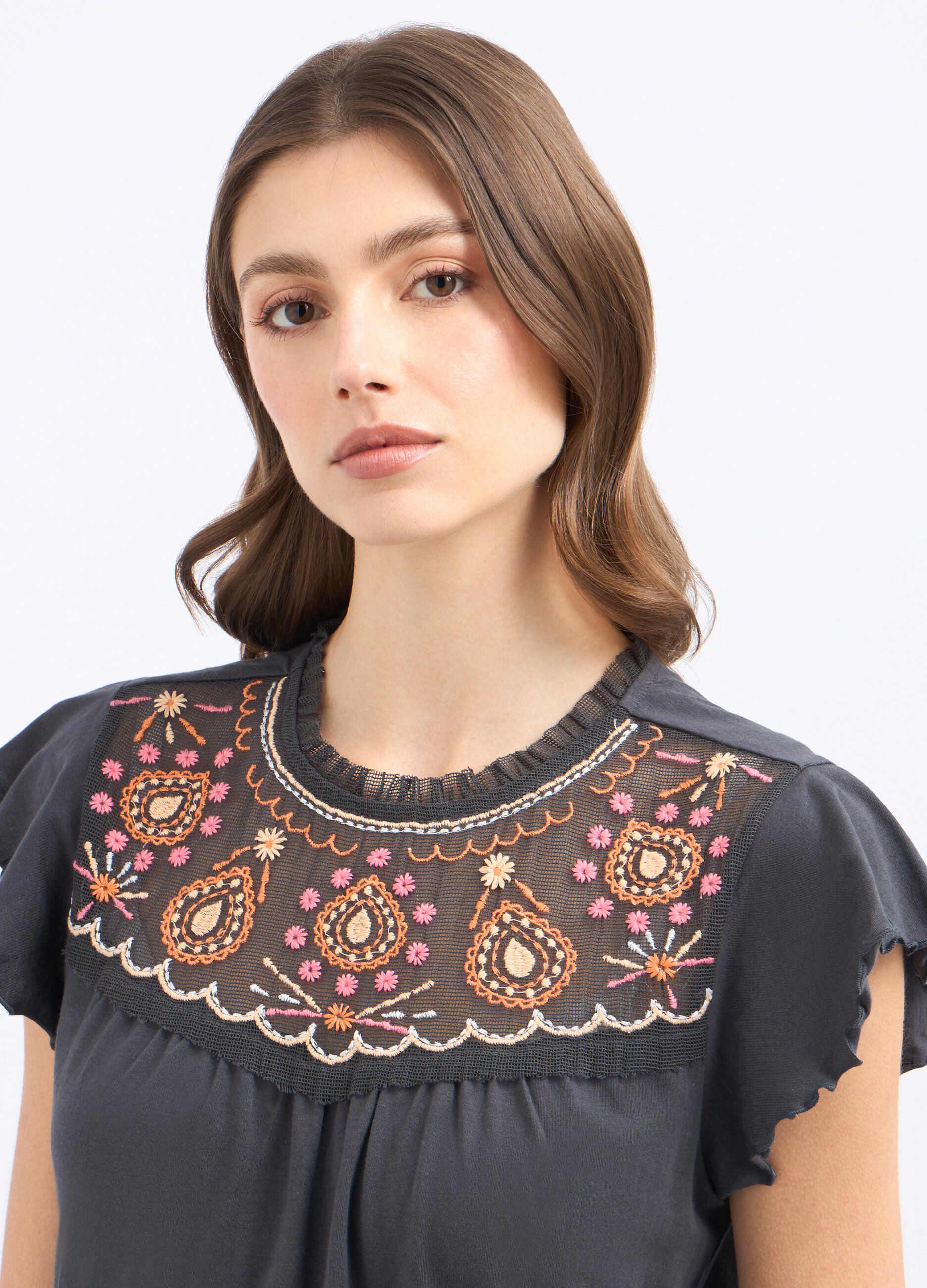 T-shirt con inserto ricamato in puro cotone donna_2