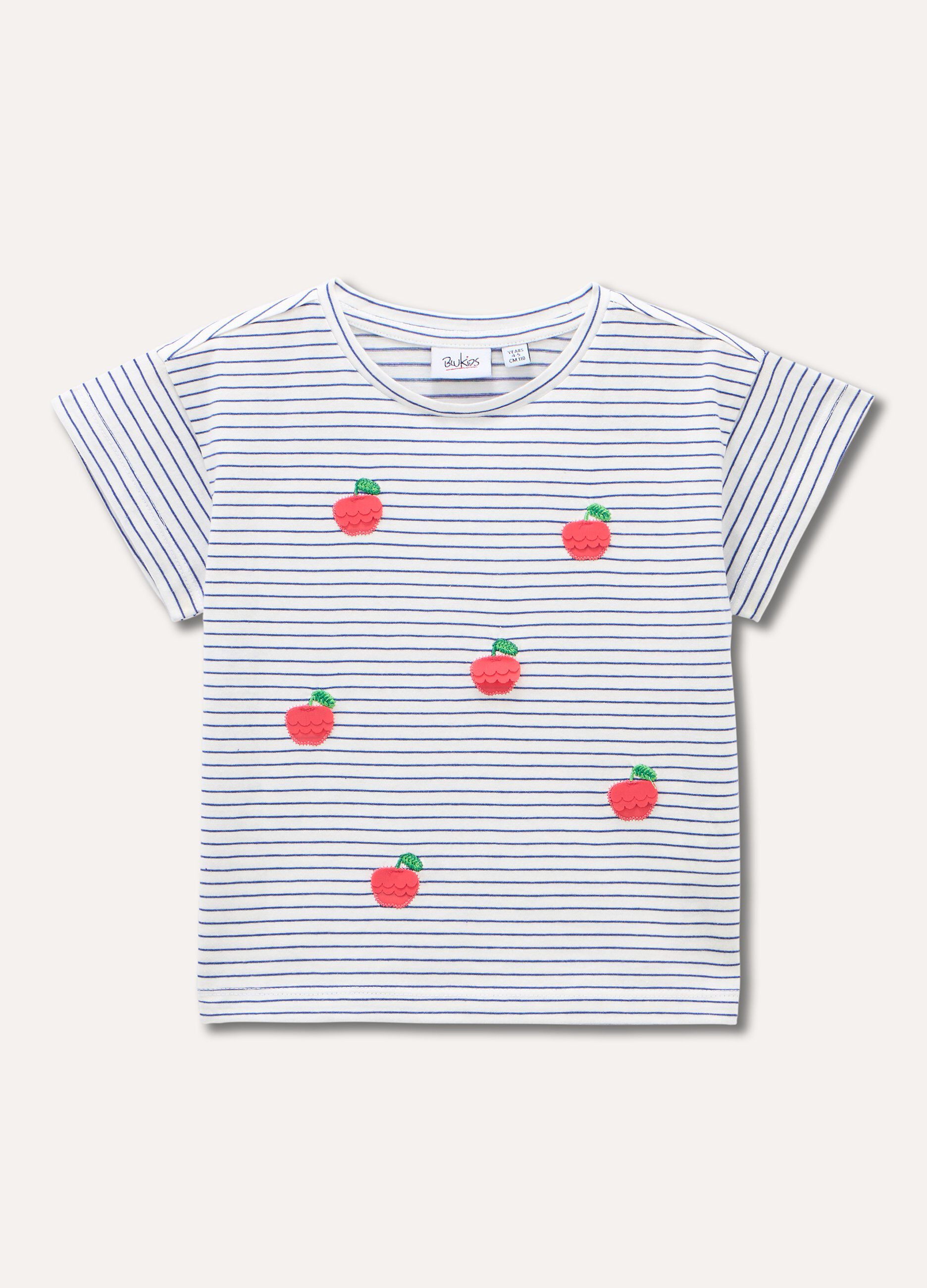 T-shirt rigata in puro cotone con ricami ed applicazioni bambina_0