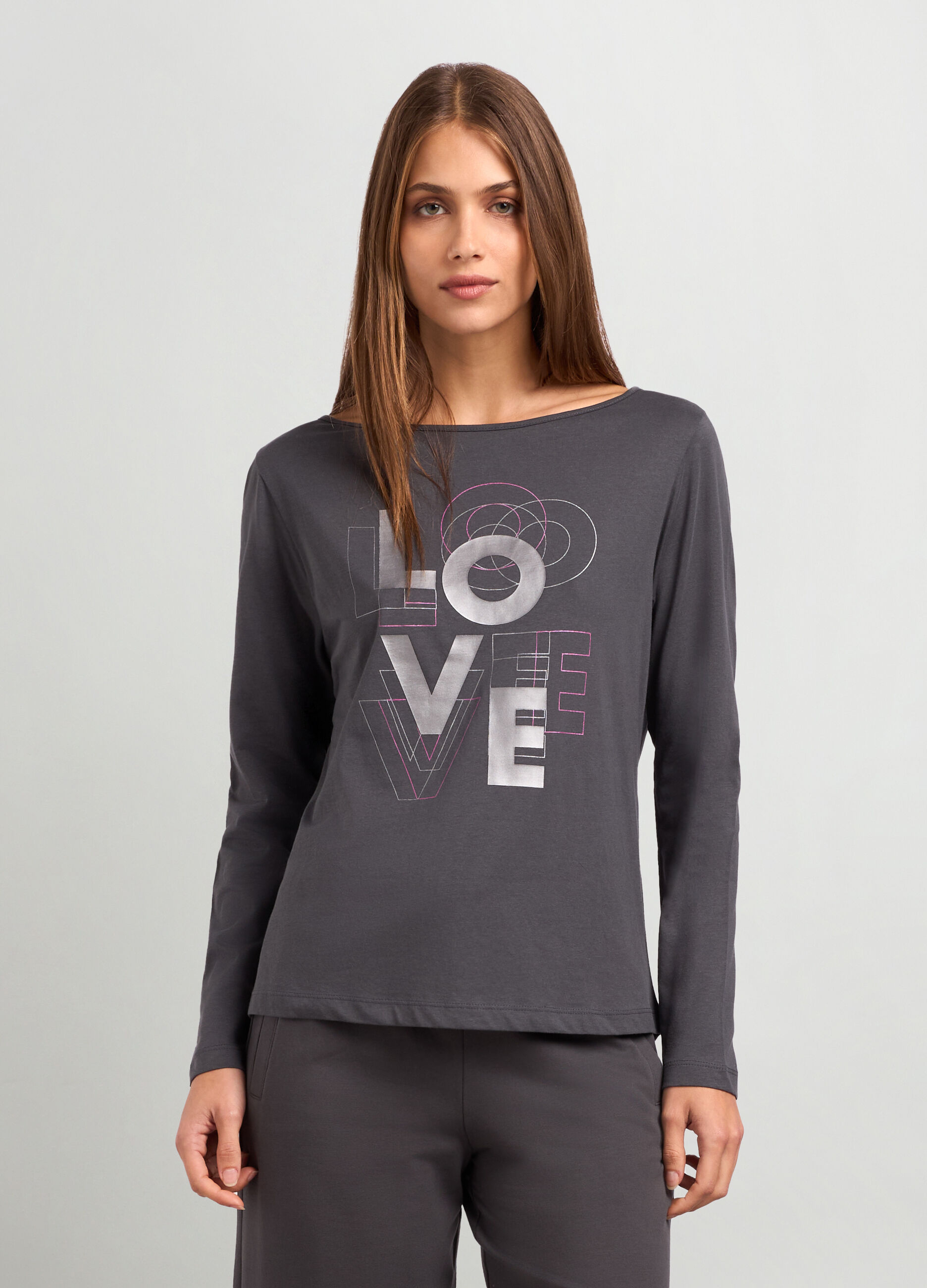 T-shirt a maniche lunghe in puro cotone con stampa donna_0