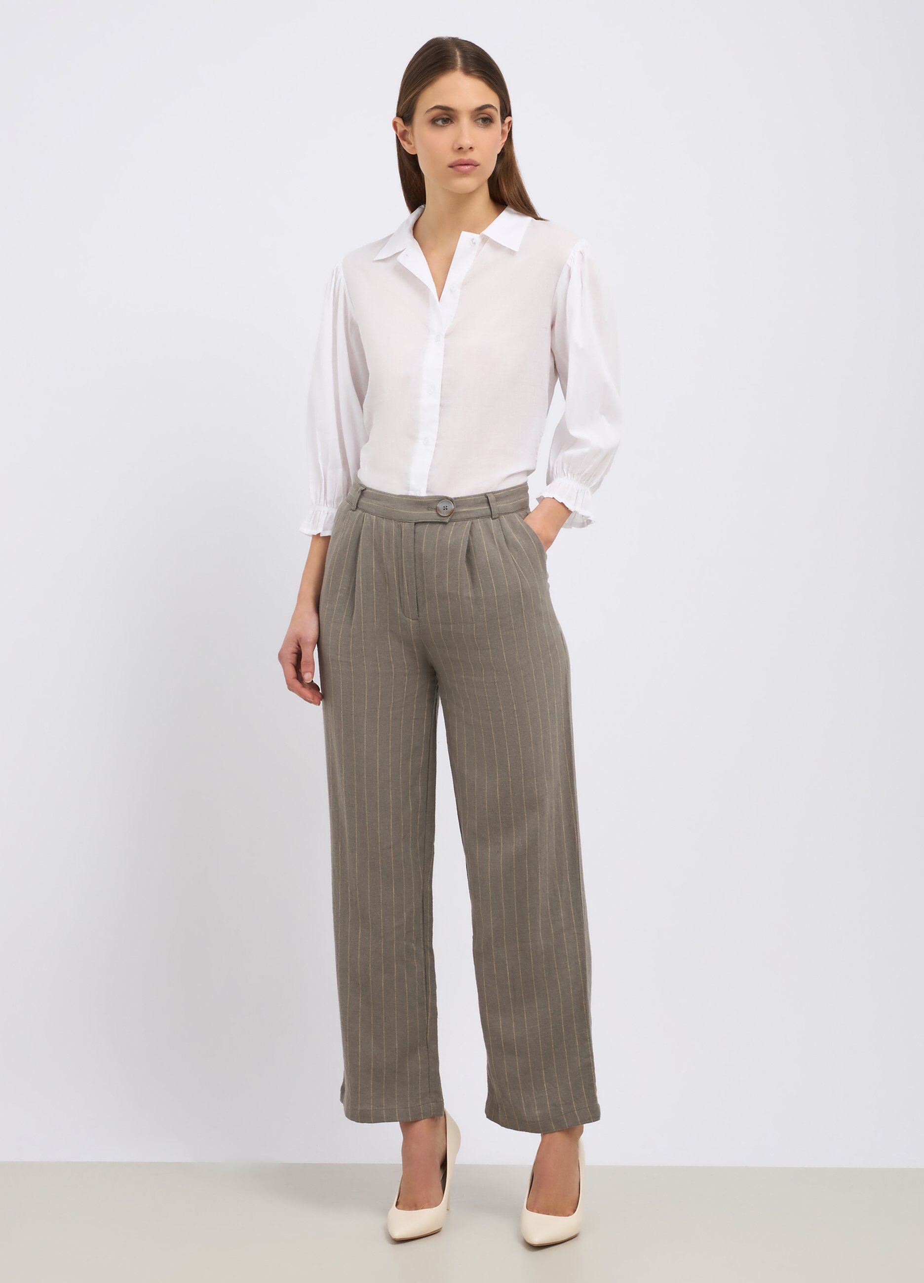 Pantaloni rigati misto lino donna_0