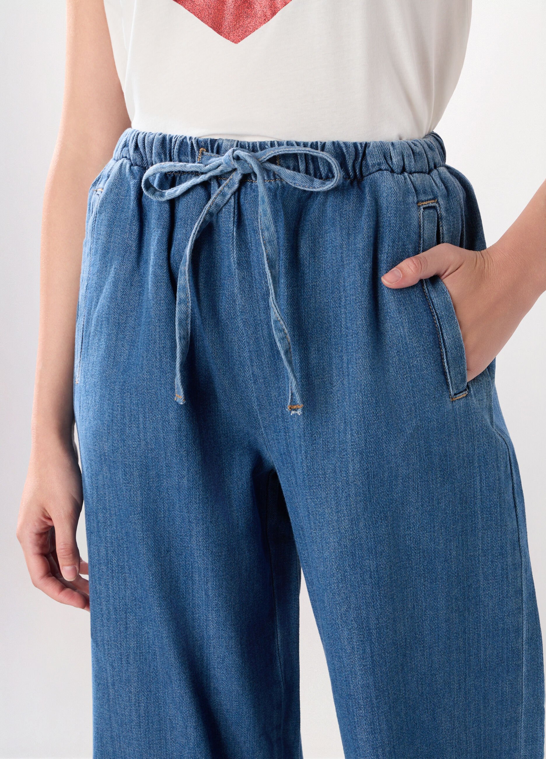 Pantaloni wide leg in denim di puro cotone donna_2