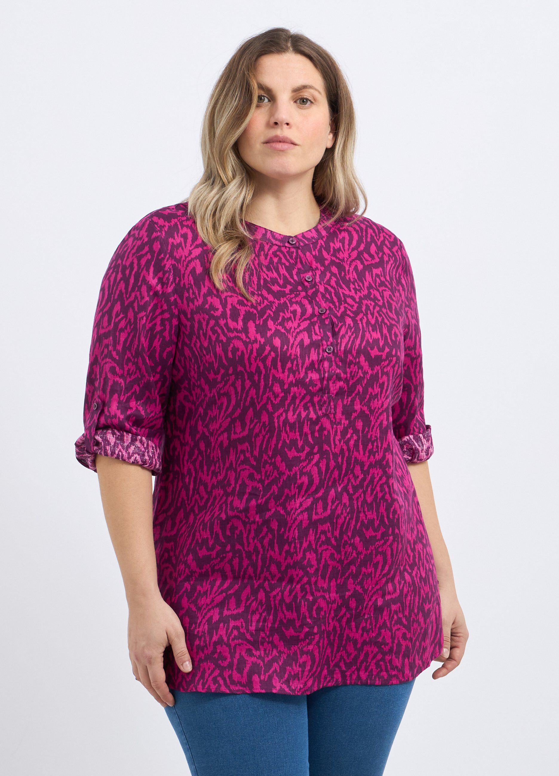 Blusa in puro lino con stampa donna curvy_0