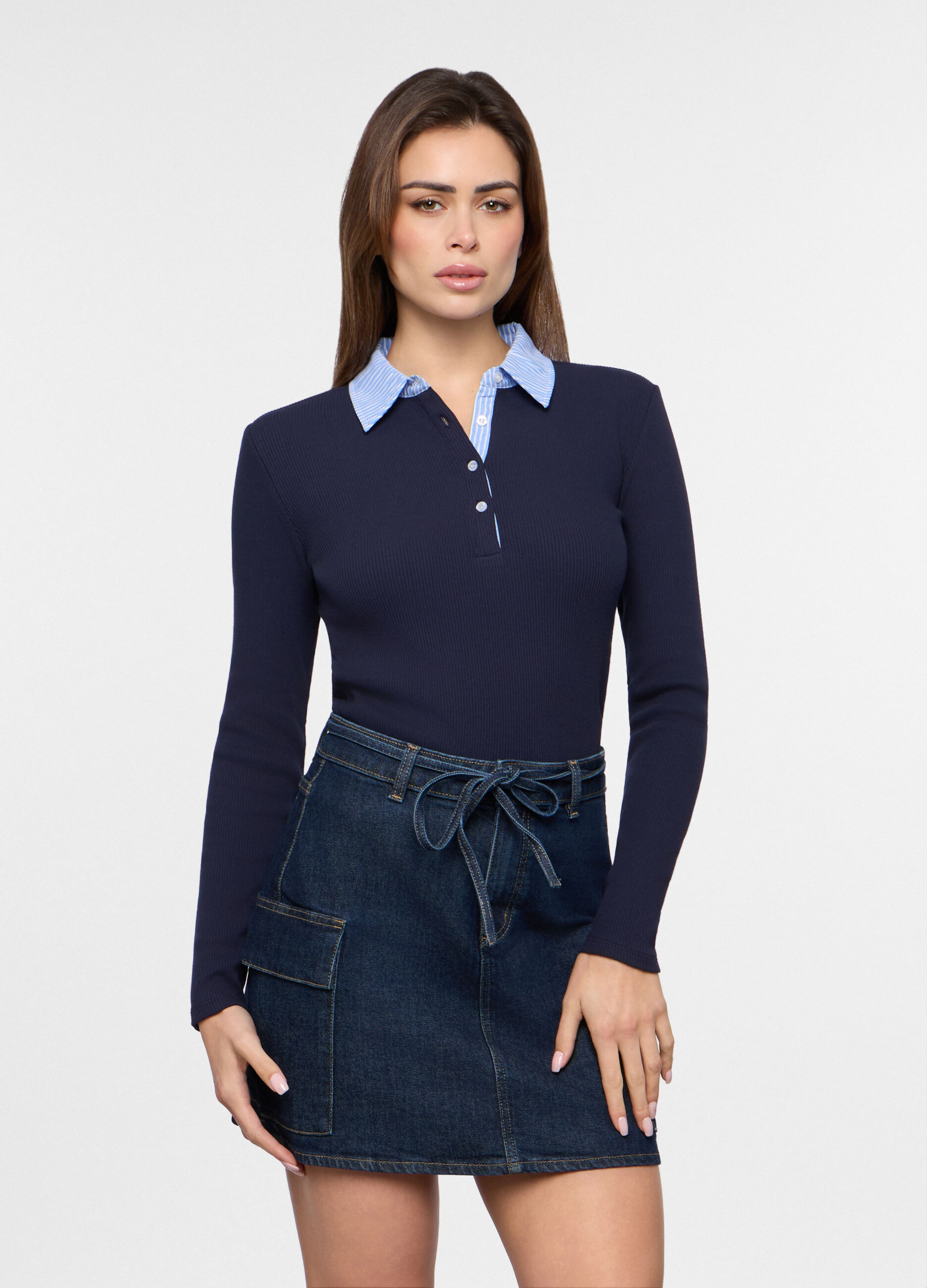 T-shirt in costina di cotone stretch donna_0