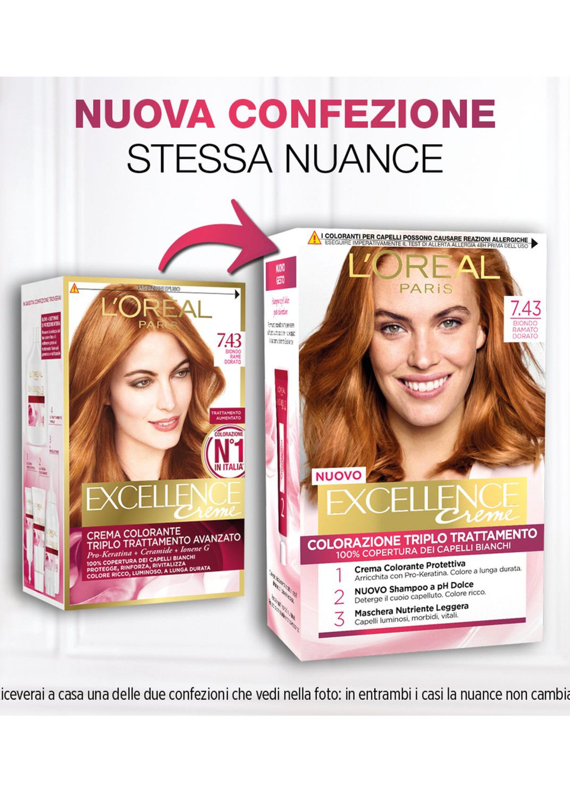 L'Oréal Paris Tinta Capelli Excellence, Copre i capelli bianchi, colore ricco, luminoso e a lunga durata, 7.43 Biondo Ramato Dorato.