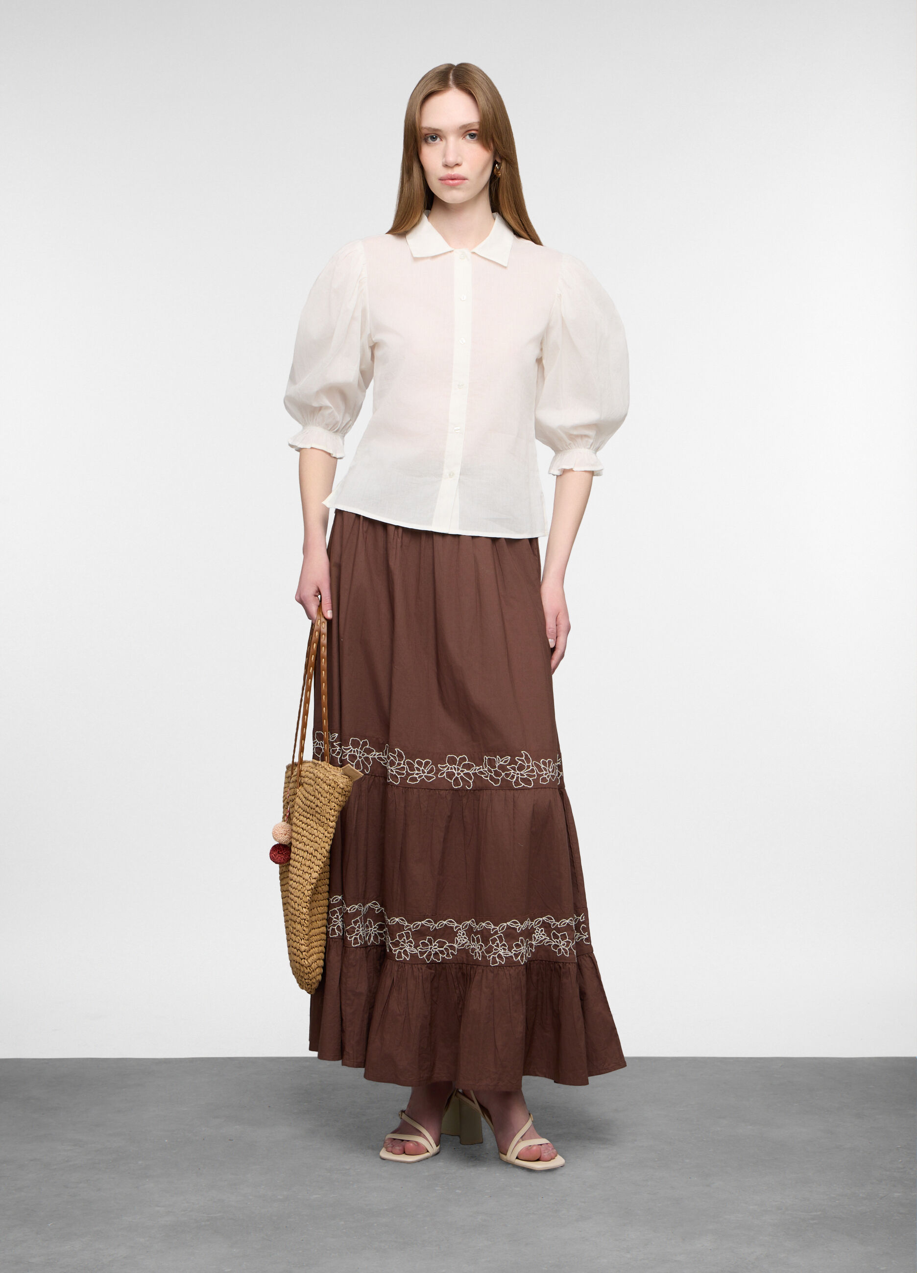 Gonna lunga a balze in popeline di puro cotone donna_0