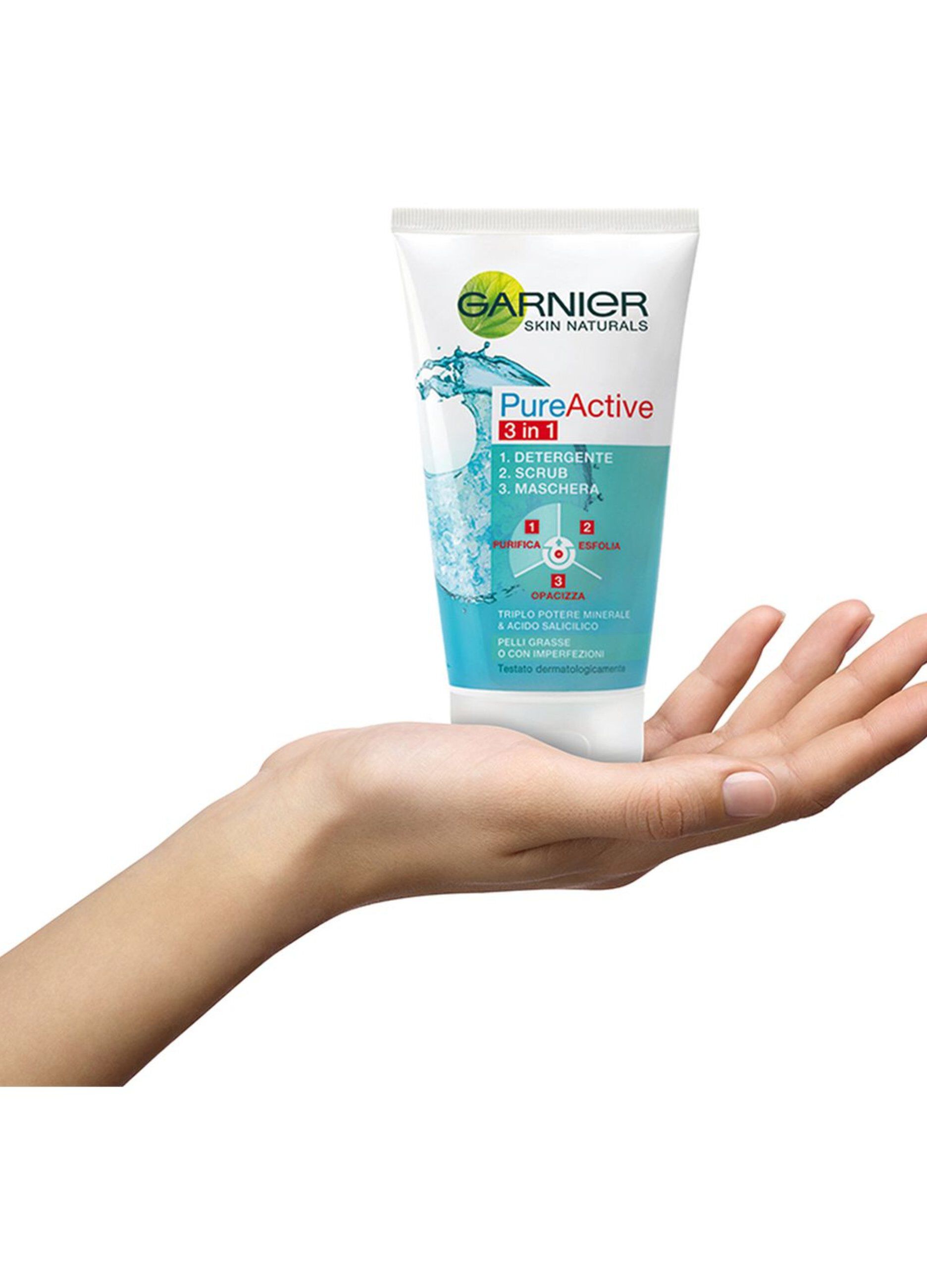 Garnier Detergente Pure Active, Azione 3in1, Detergente + scrub + maschera per pelli grasse o con imperfezioni, 150 ml.