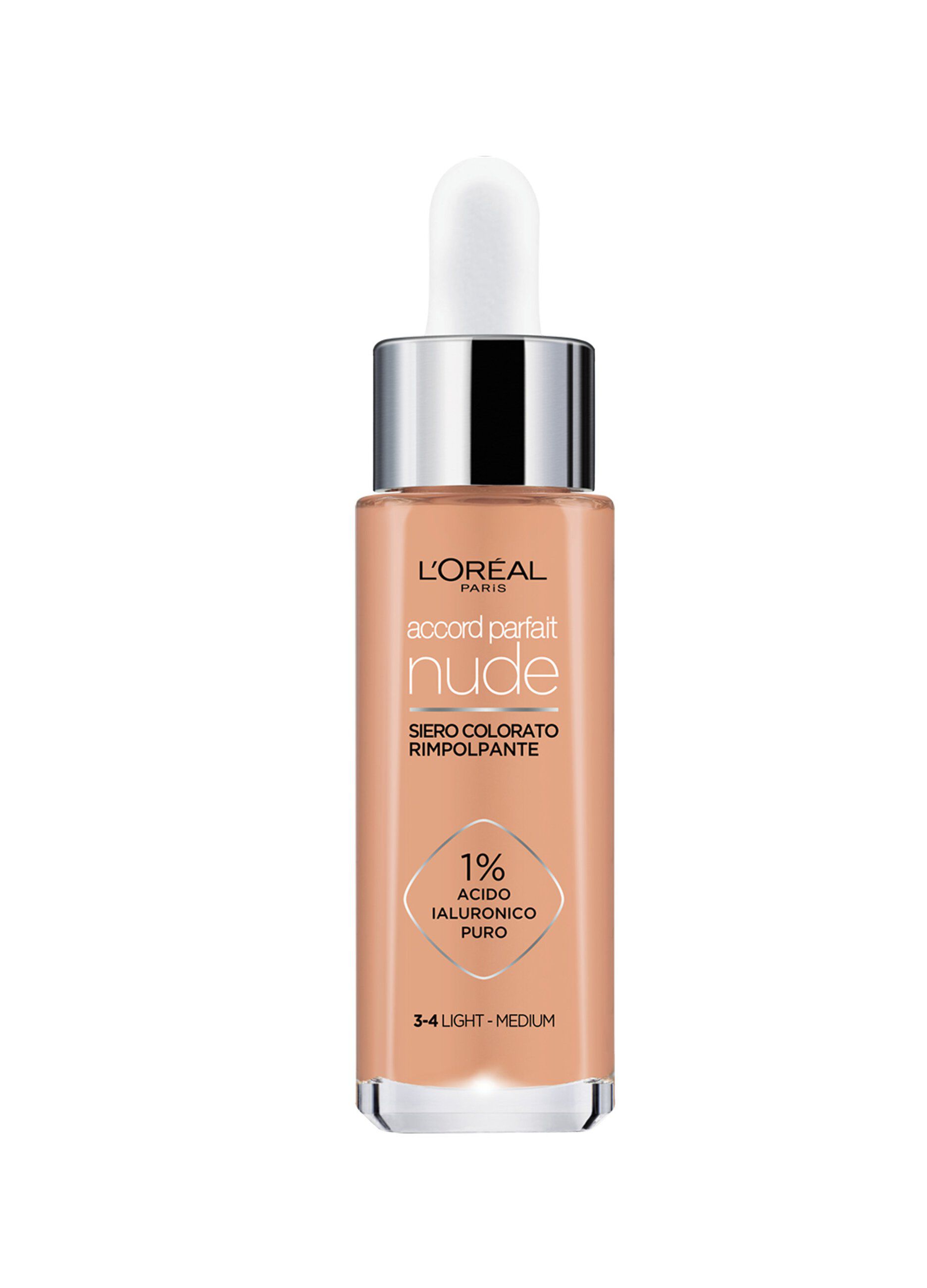 L’Oréal Paris Siero colorato Accord Parfait Nude, Per pelle rimpolpata e levigata, Finish naturale, 3-4 Light-Medium.