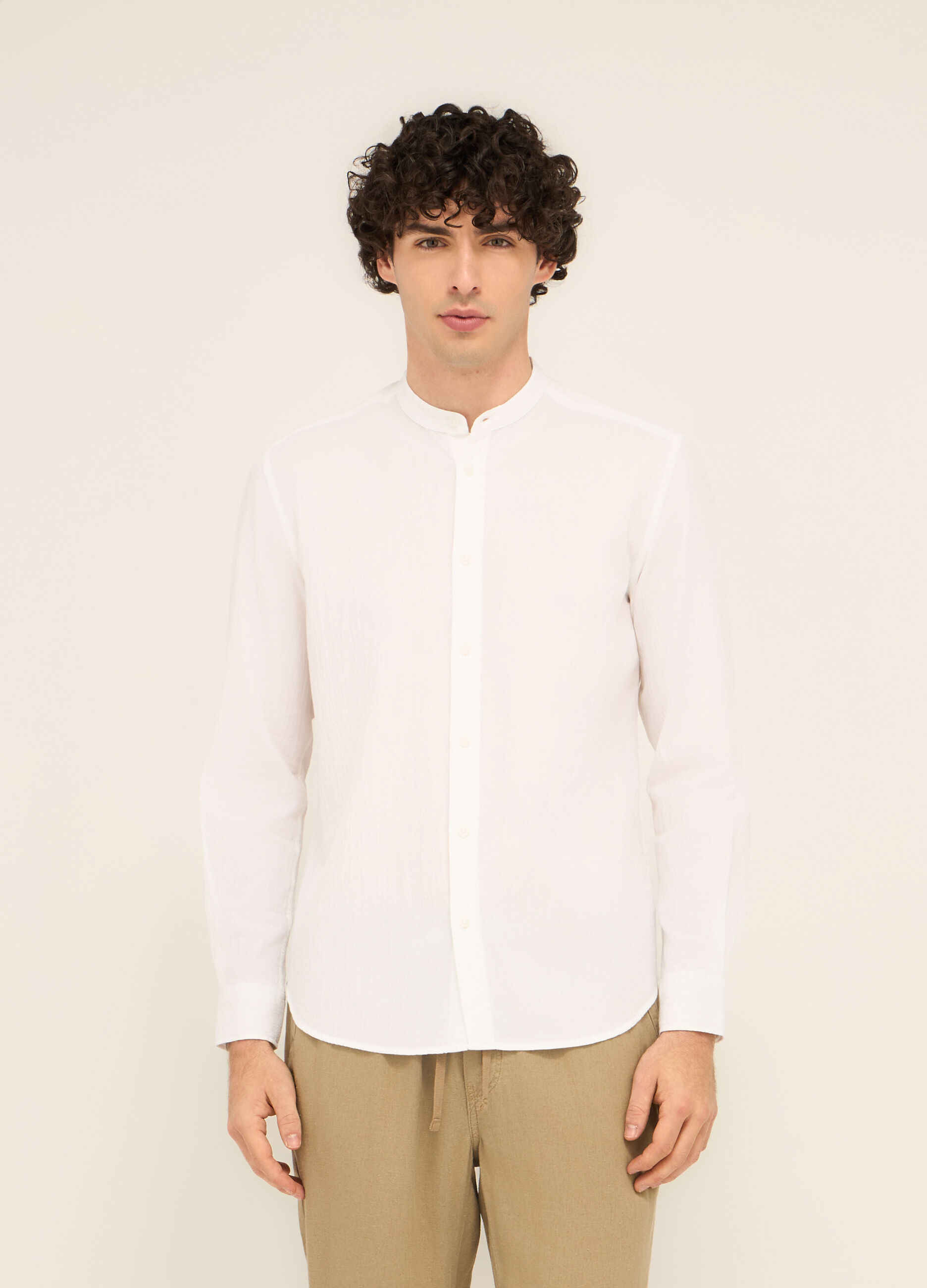 Camicia colletto coreano in garza di cotone_0
