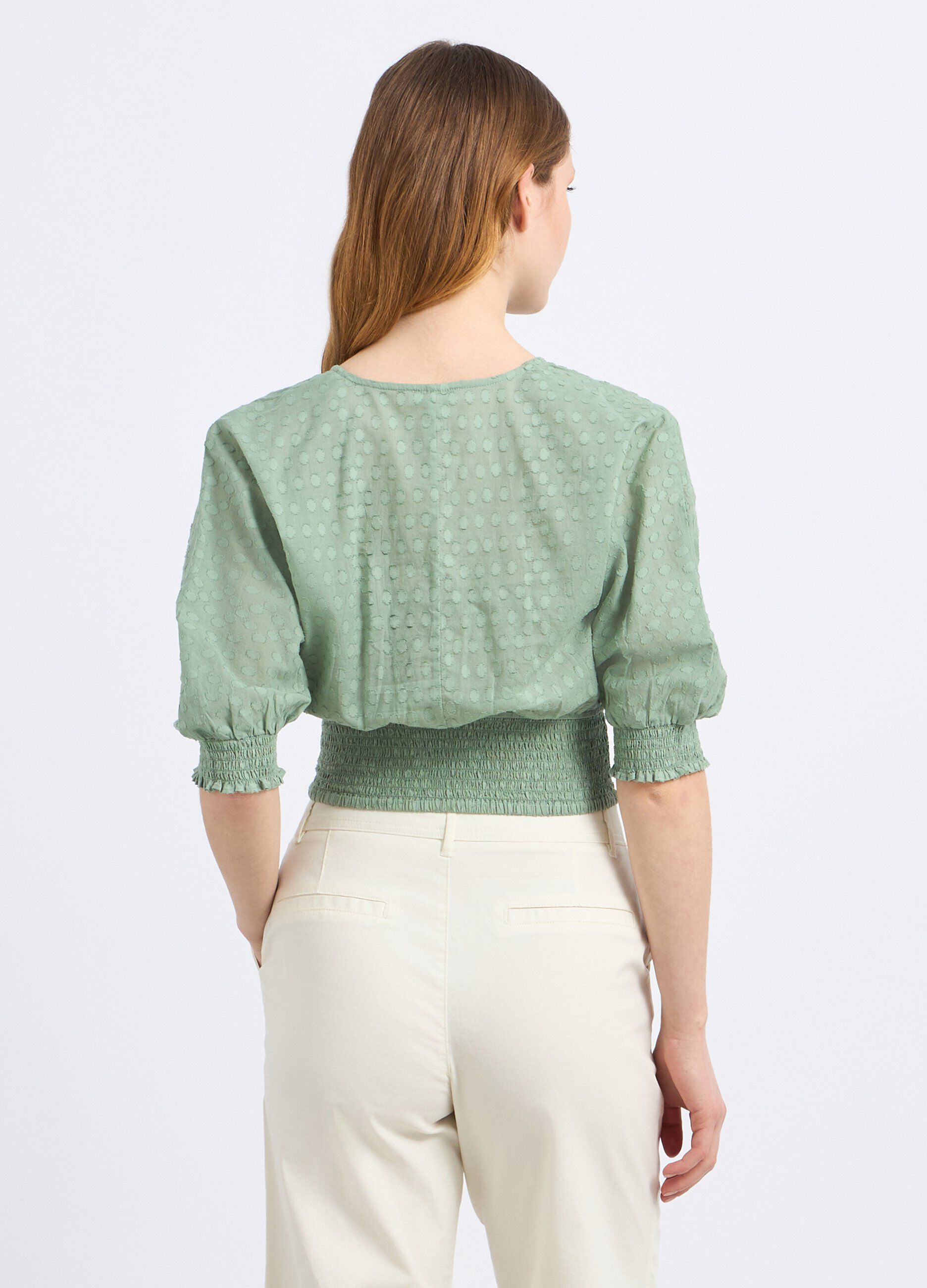 Blusa cropped in puro cotone con lavorazione jacquard donna_1