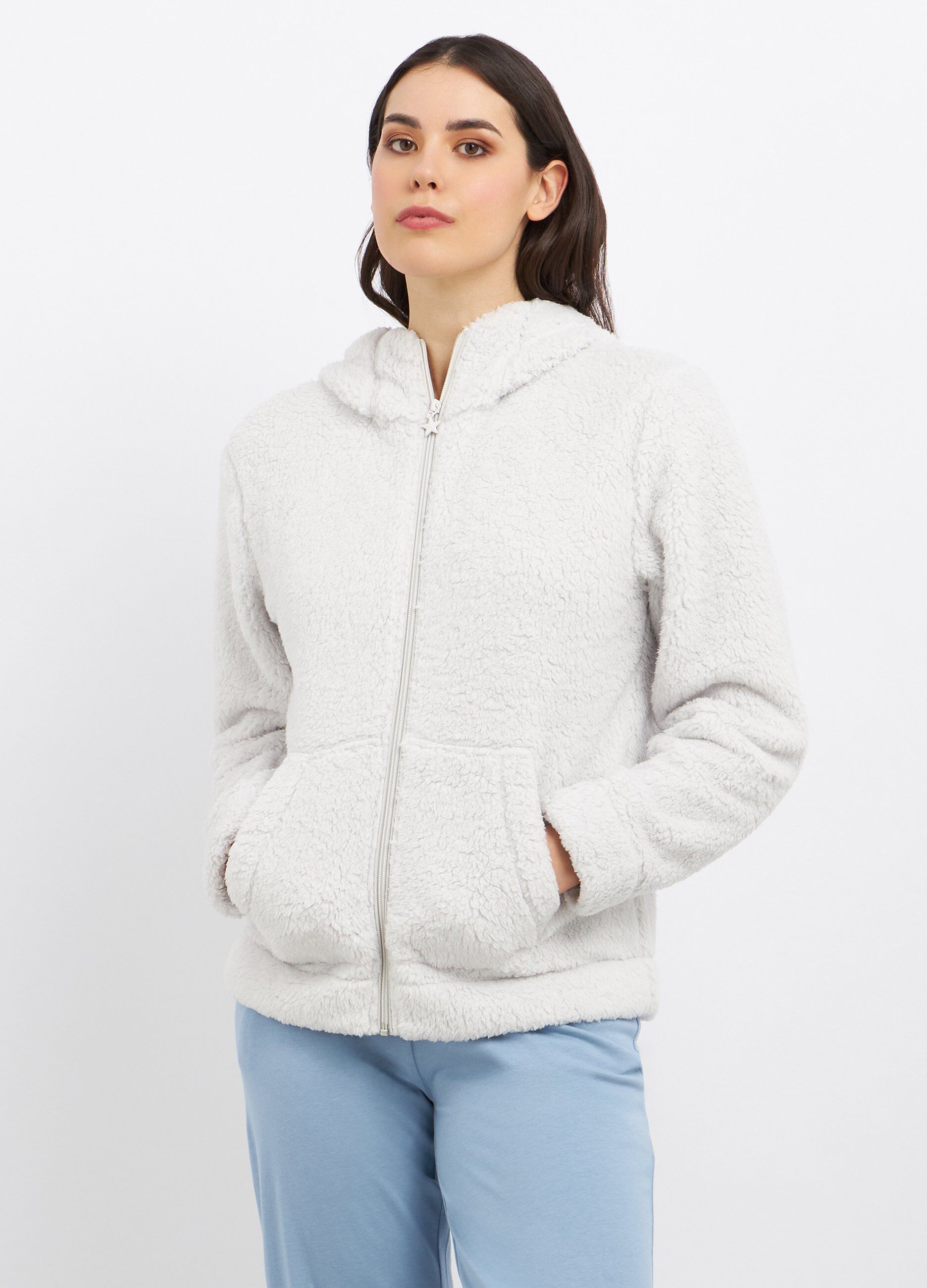 Top pigiama in fake fur con cappuccio donna_0