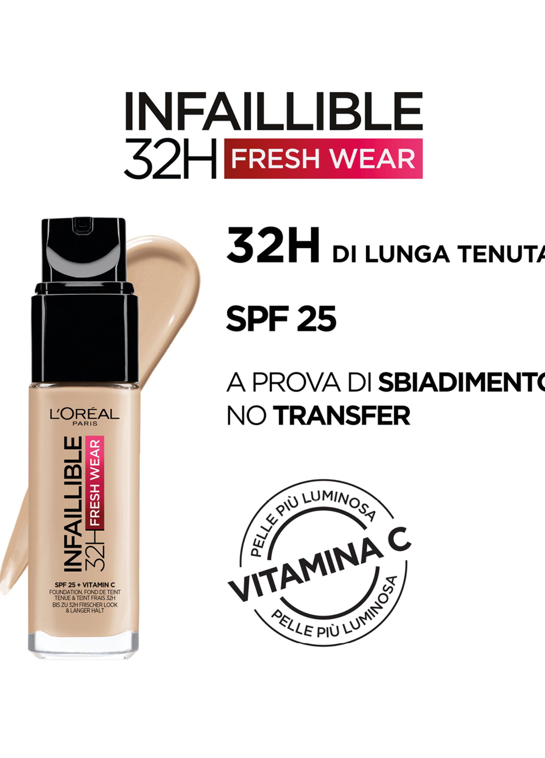 L'Oréal Paris Fondotinta Liquido Infaillible 32H, Coprente a Lunga Tenuta 32H, Formula Waterproof Idratante, 130 Beige Peau, 30ml.