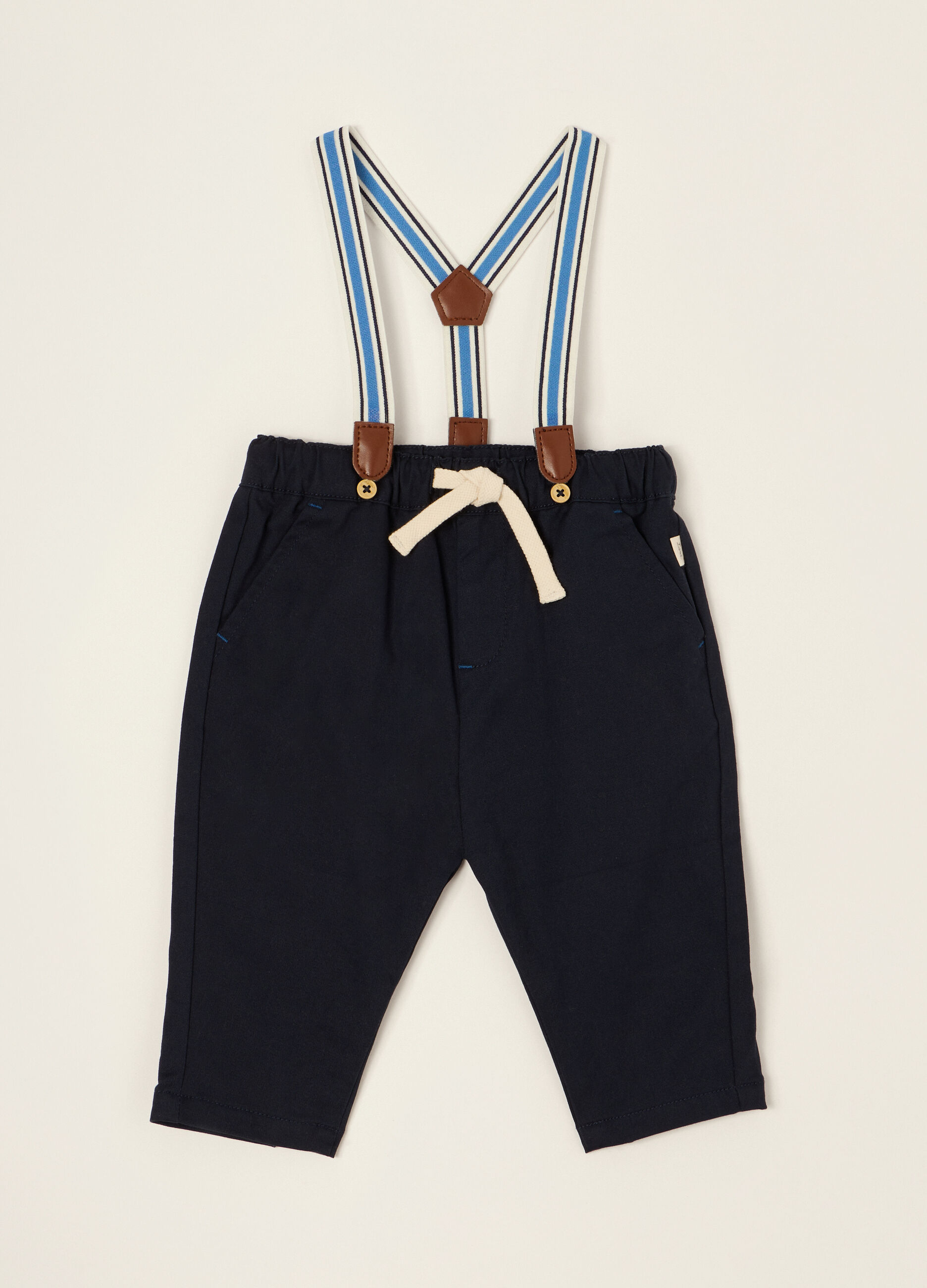 Pantaloni blu con bretelle in cotone elasticizzato_0