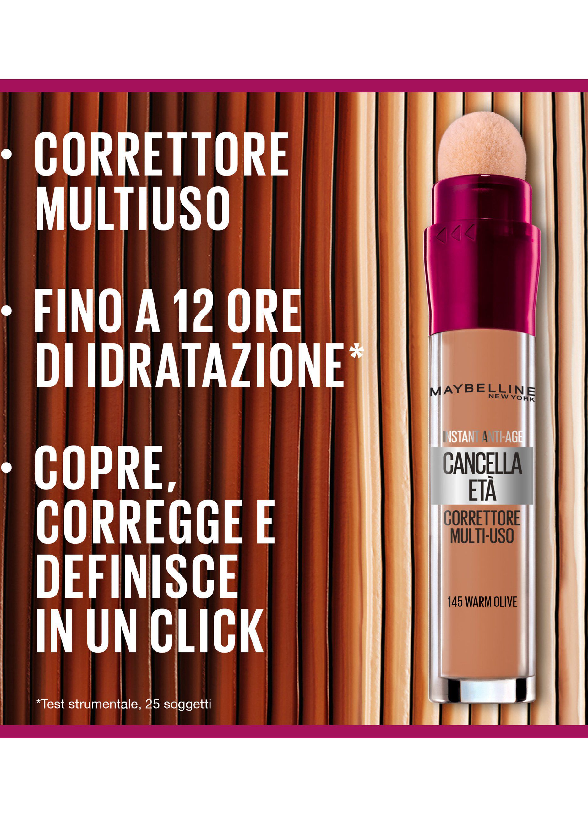 Maybelline New York Correttore Liquido Il Cancella Età, con Bacche di Goji e Haloxyl, Copre Occhiaie e Piccole Rughe, 145 Warm Olive, 6.8 ml.