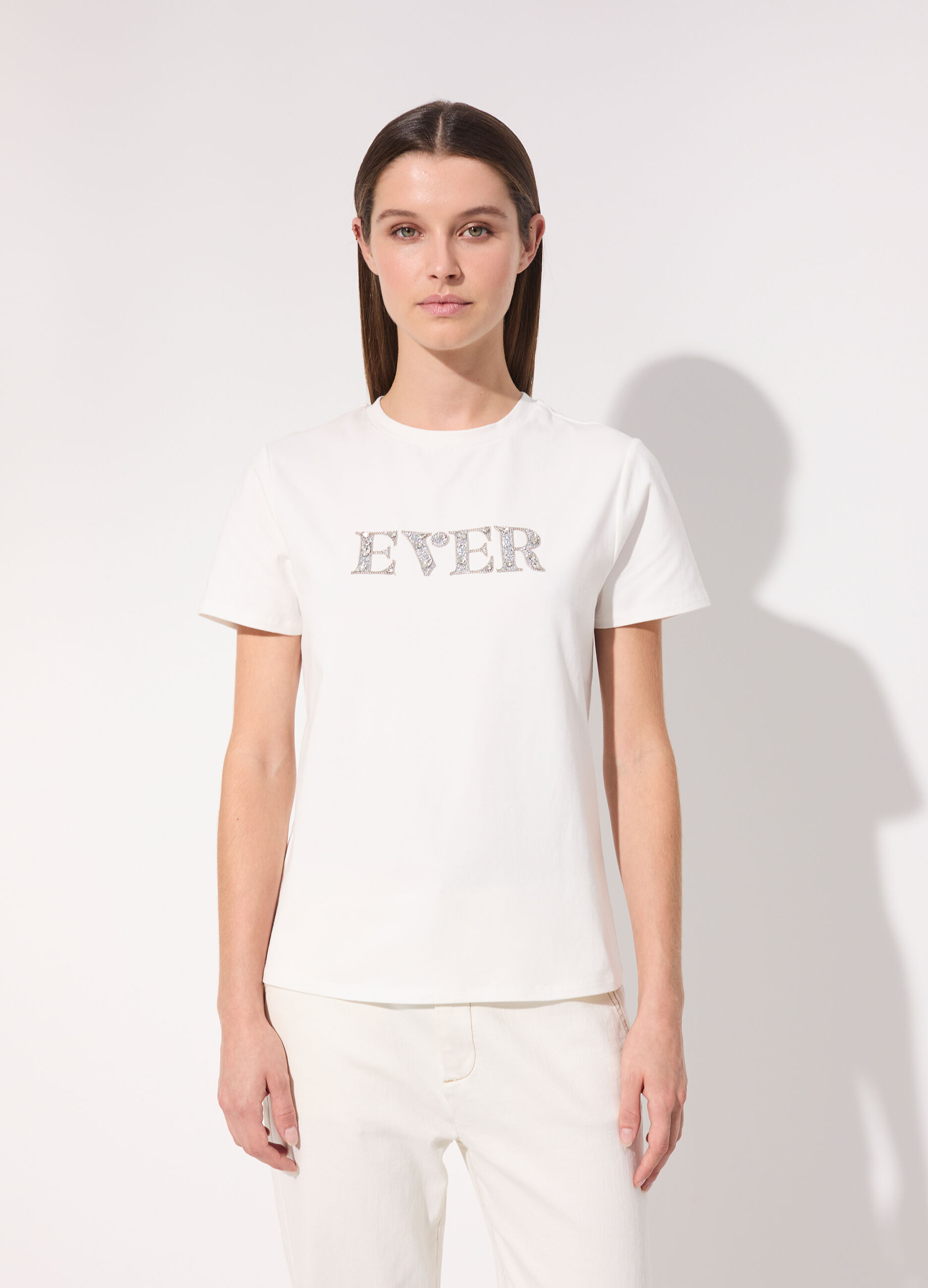 T-shirt con strass in cotone stretch donna_1