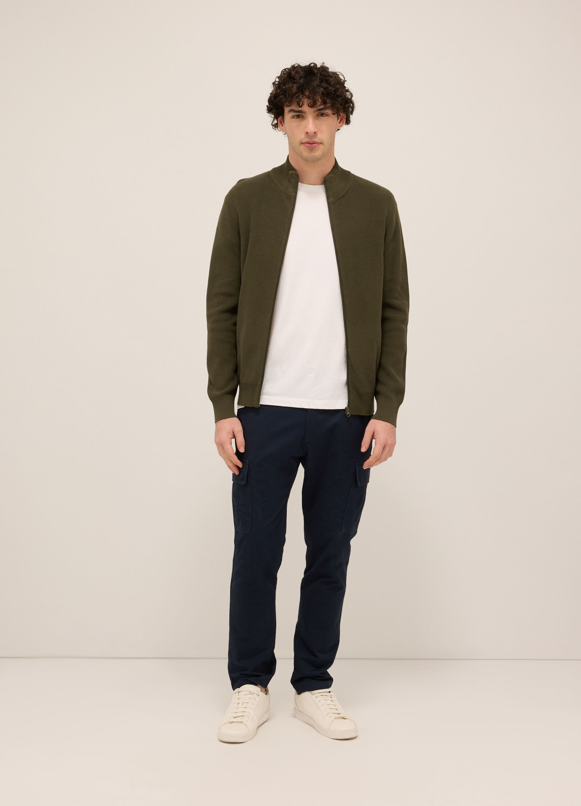Cardigan lupetto con zip in puro cotone uomo