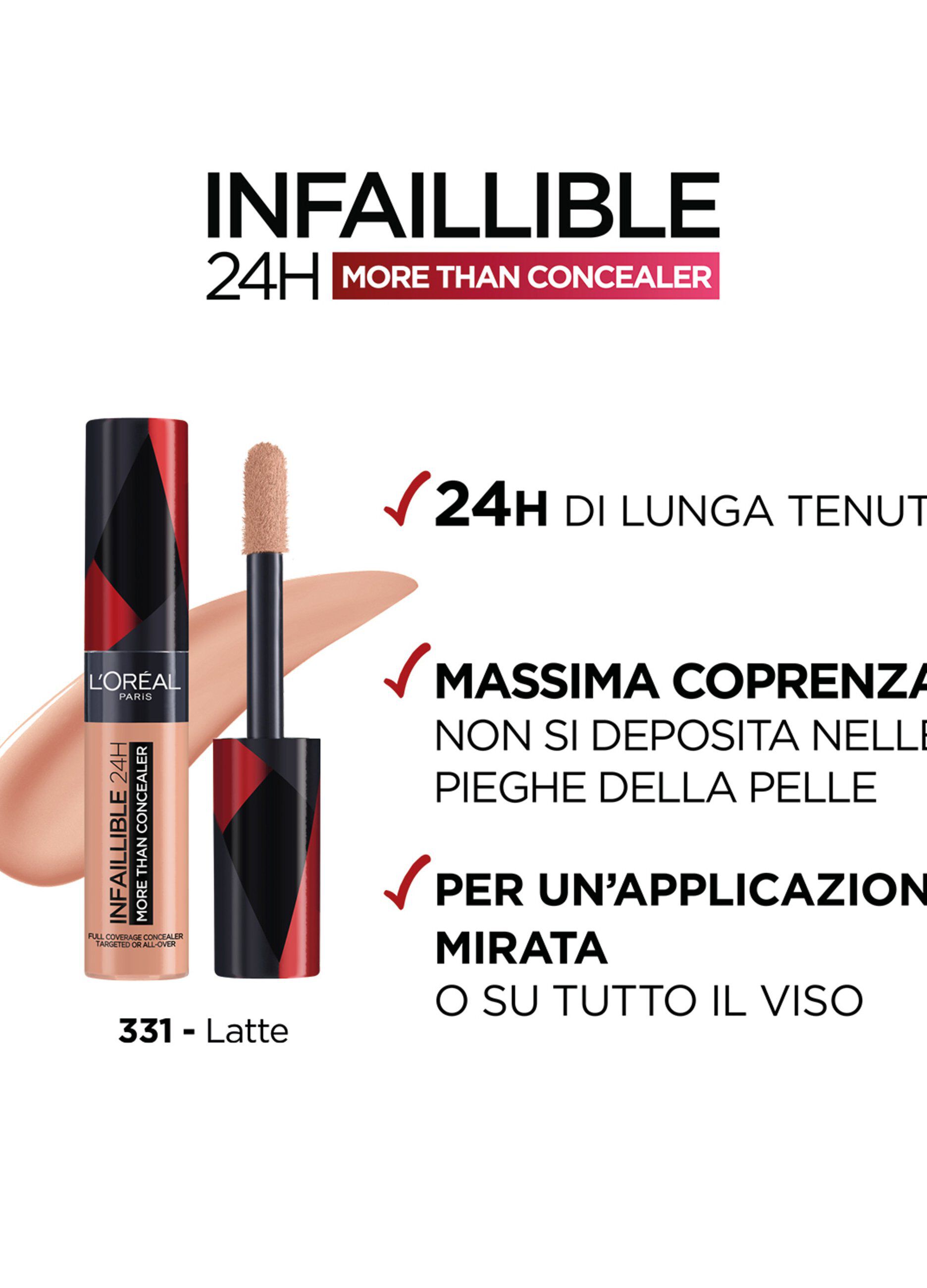 L'Oréal Paris Infaillible 24h More Than Concealer, Correttore liquido a lunga tenuta, 331 Cafe Au Lait.